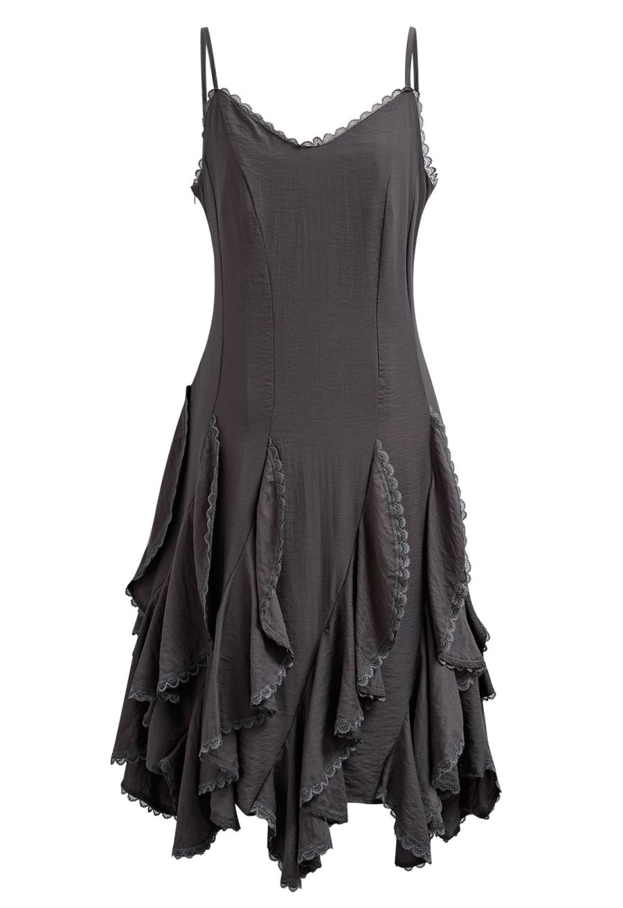 Lace Ruffle Panelled Asymmetric Cami Dress in Smoke