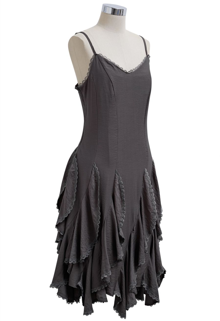 Lace Ruffle Panelled Asymmetric Cami Dress in Smoke