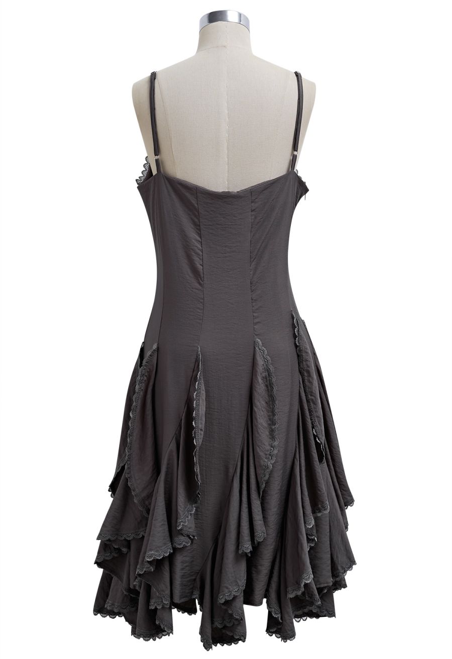 Lace Ruffle Panelled Asymmetric Cami Dress in Smoke