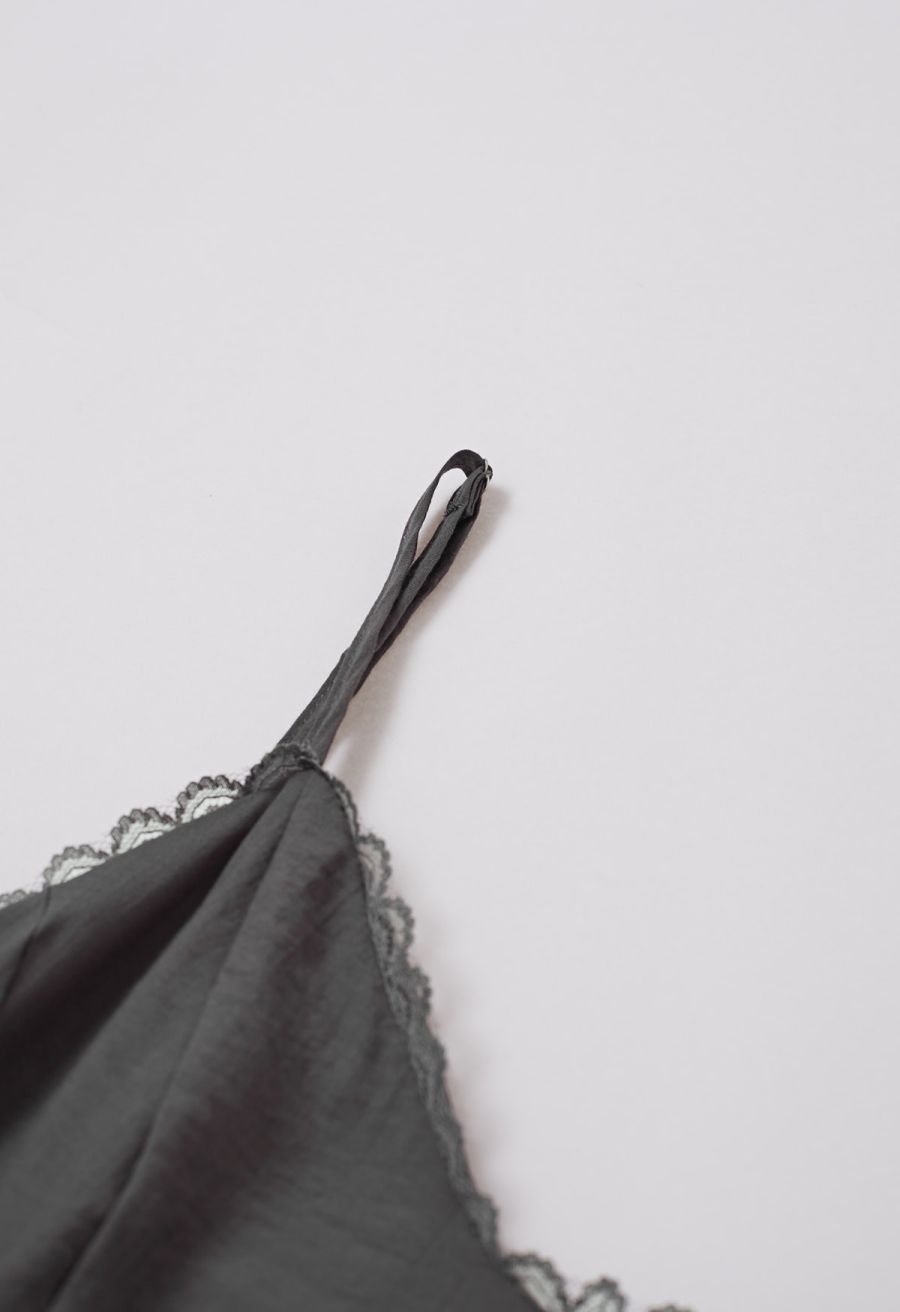 Lace Ruffle Panelled Asymmetric Cami Dress in Smoke