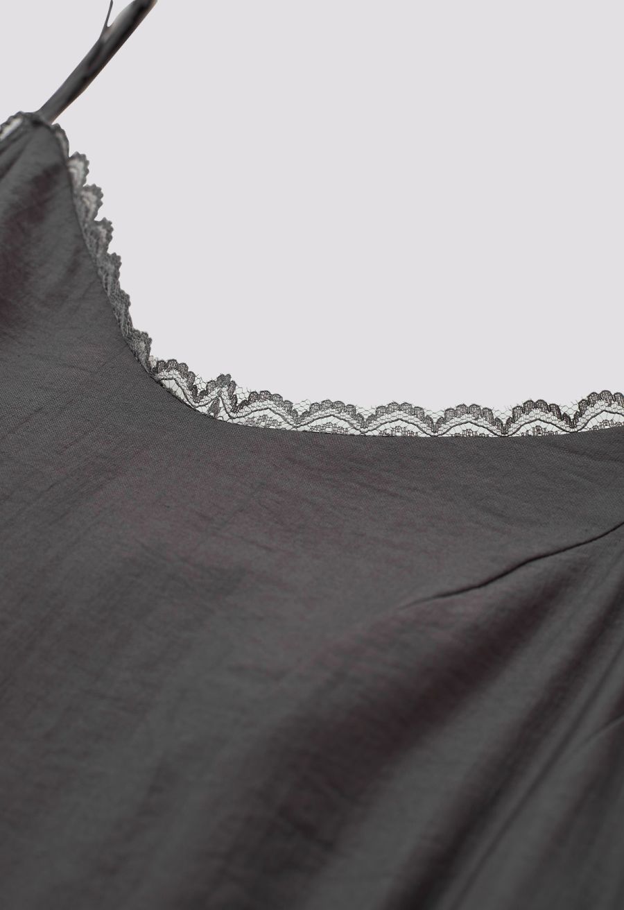 Lace Ruffle Panelled Asymmetric Cami Dress in Smoke