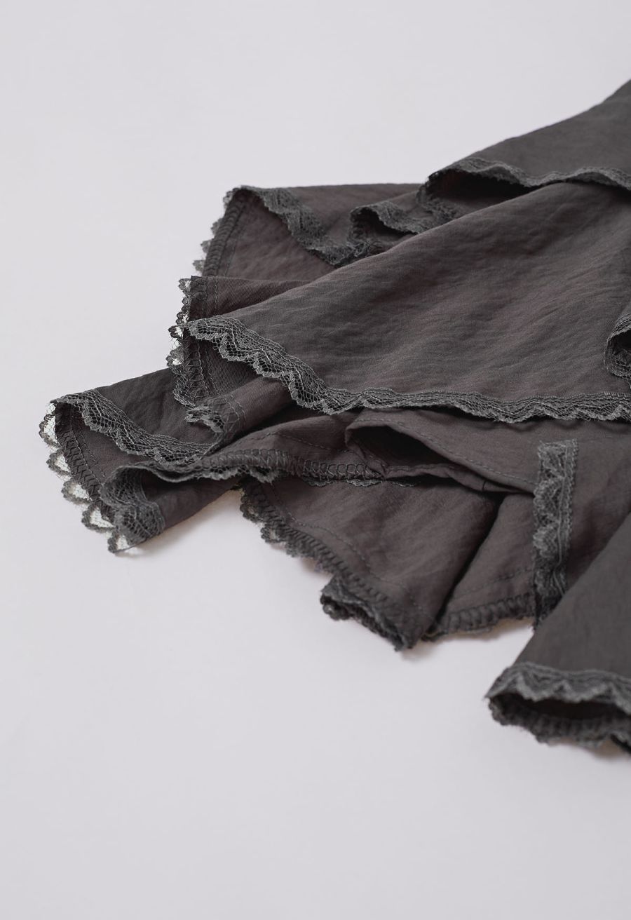 Lace Ruffle Panelled Asymmetric Cami Dress in Smoke