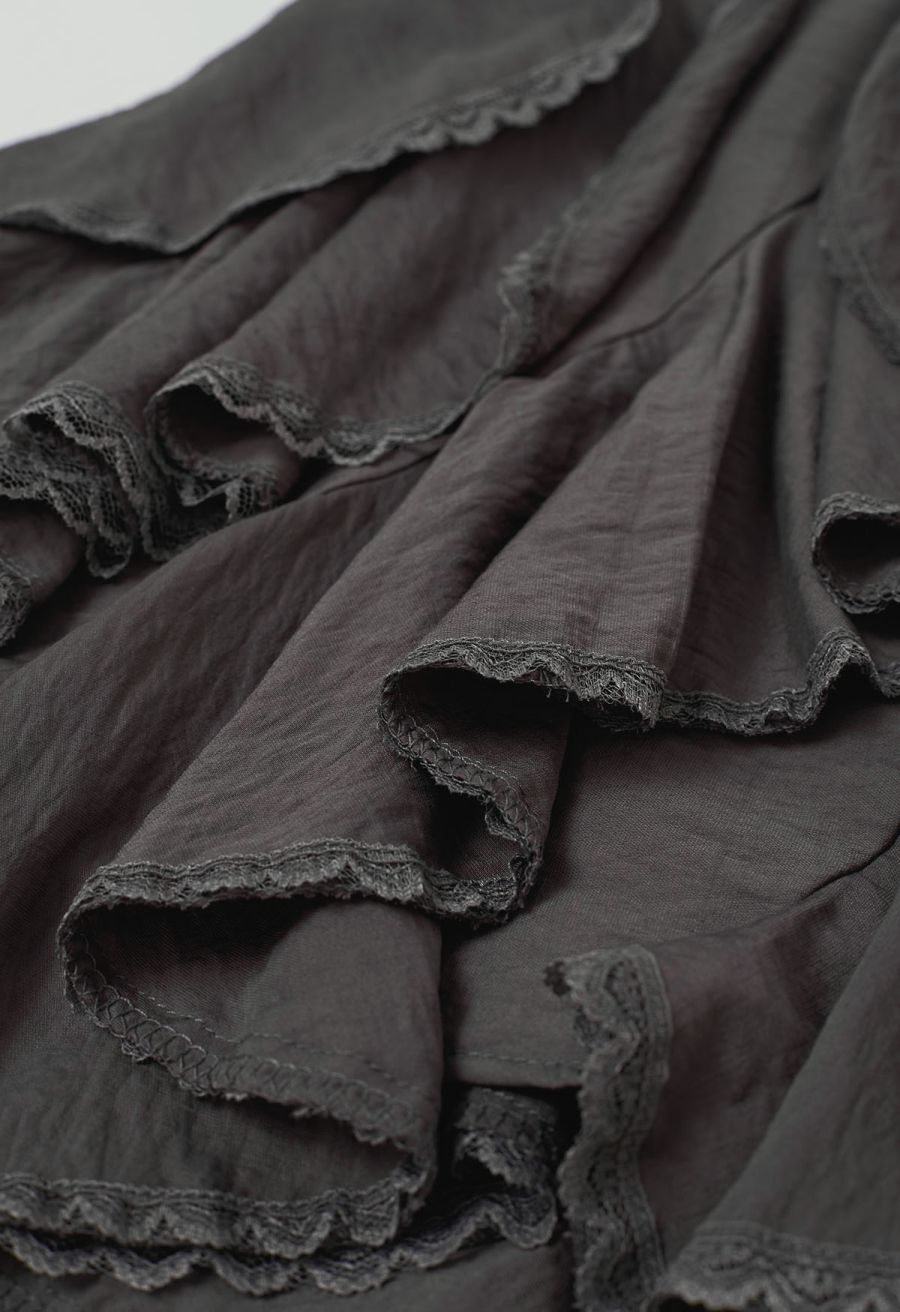 Lace Ruffle Panelled Asymmetric Cami Dress in Smoke