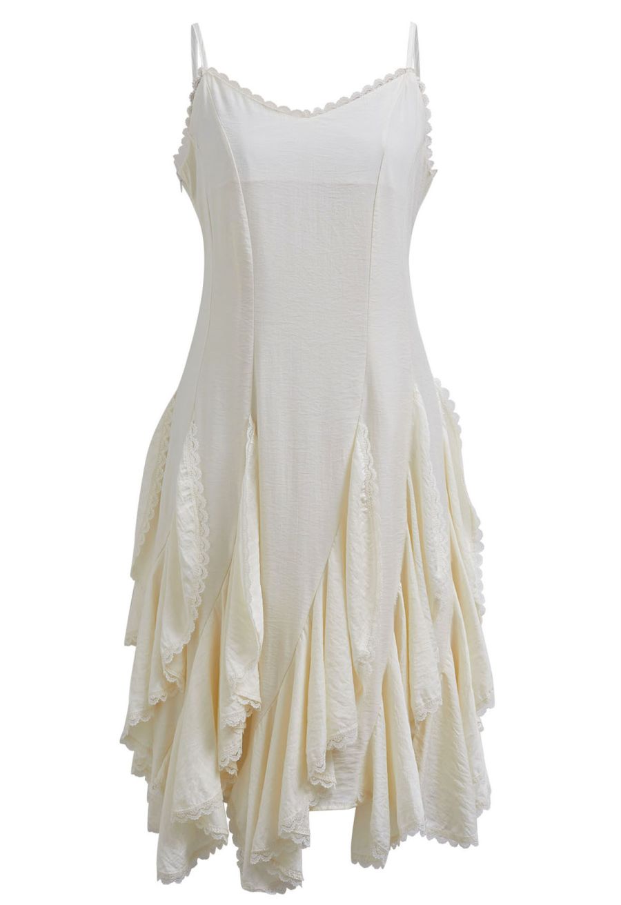 Lace Ruffle Panelled Asymmetric Cami Dress in Cream