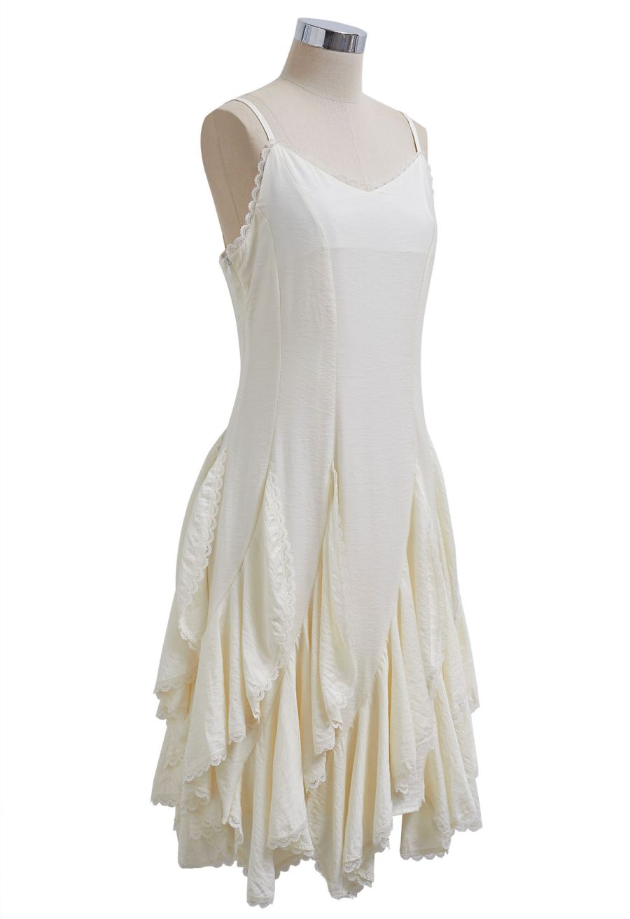 Lace Ruffle Panelled Asymmetric Cami Dress in Cream