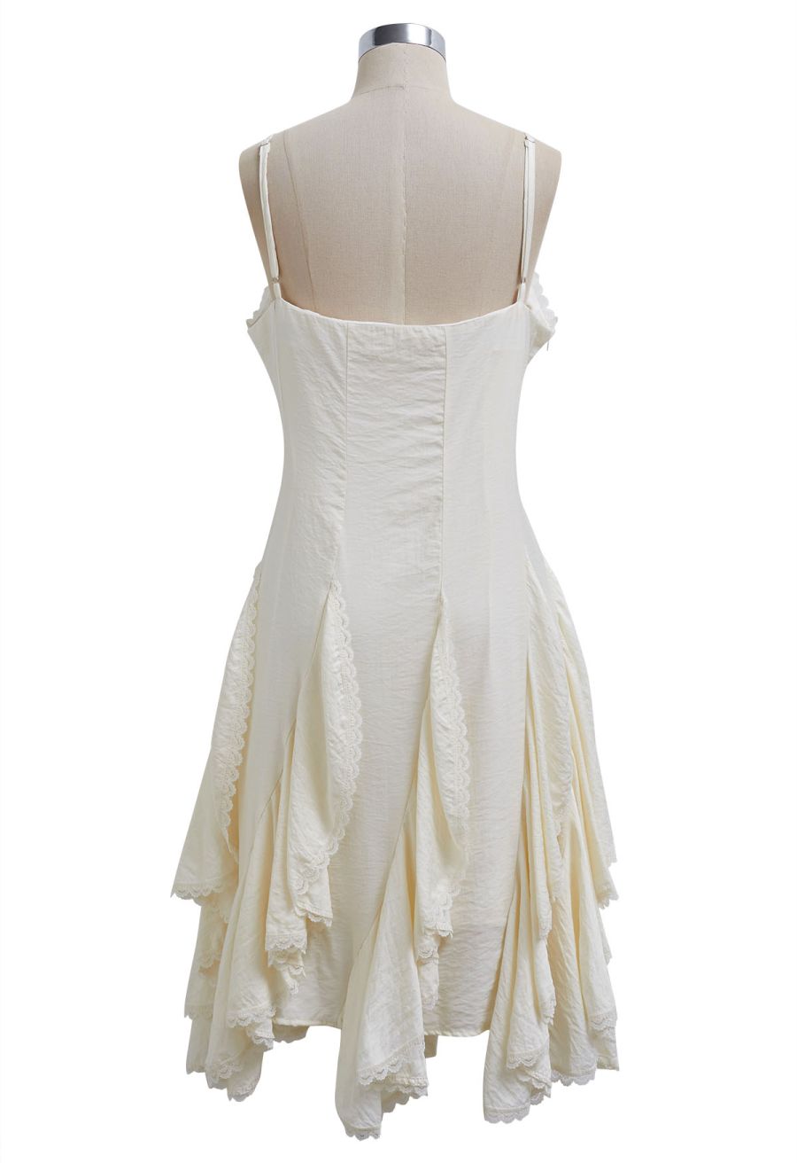 Lace Ruffle Panelled Asymmetric Cami Dress in Cream