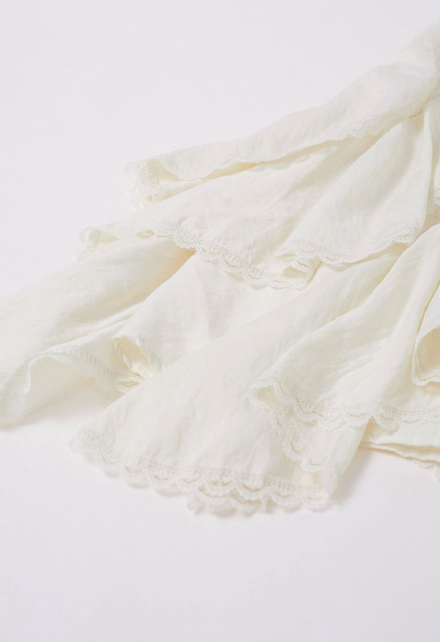 Lace Ruffle Panelled Asymmetric Cami Dress in Cream