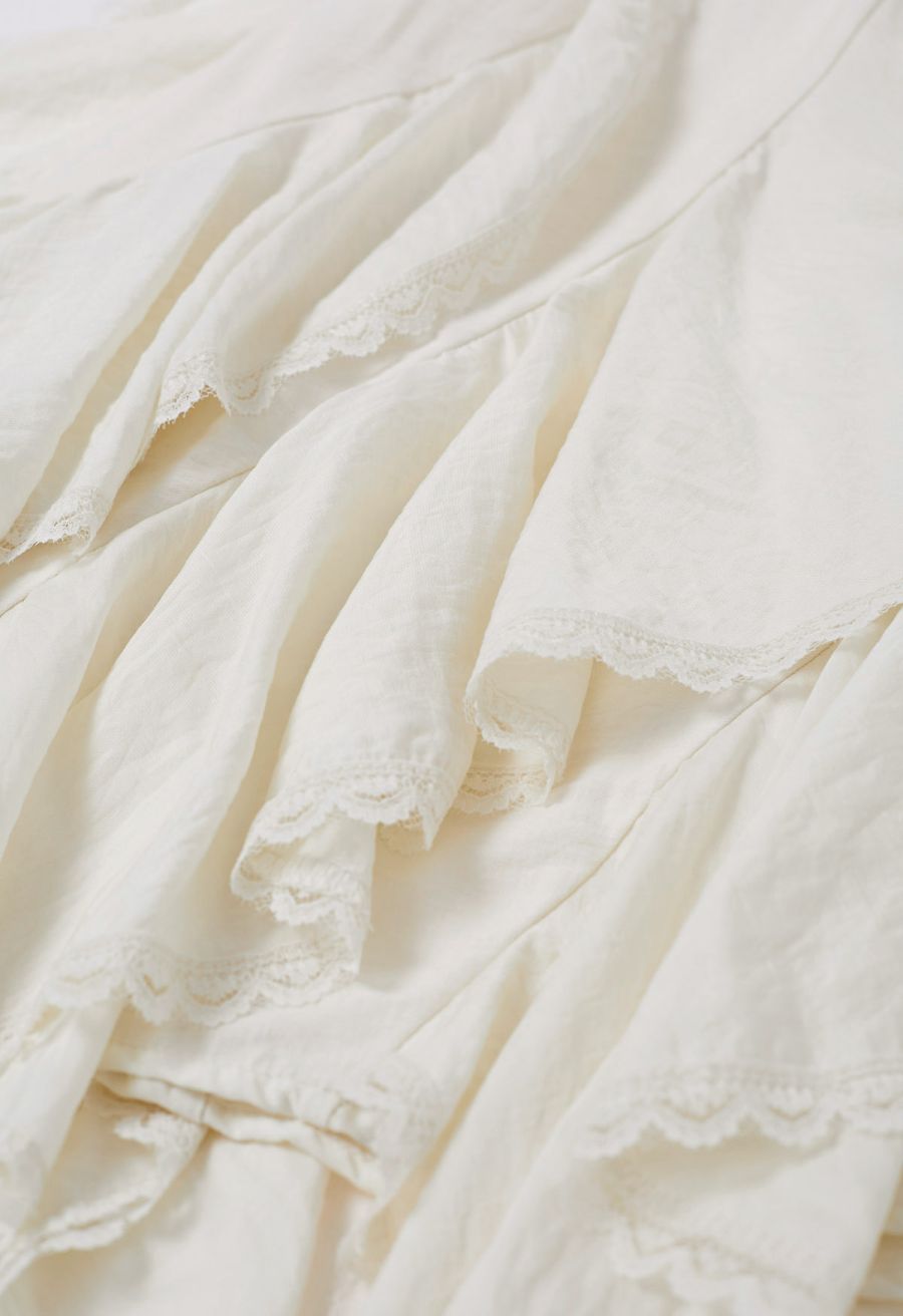 Lace Ruffle Panelled Asymmetric Cami Dress in Cream