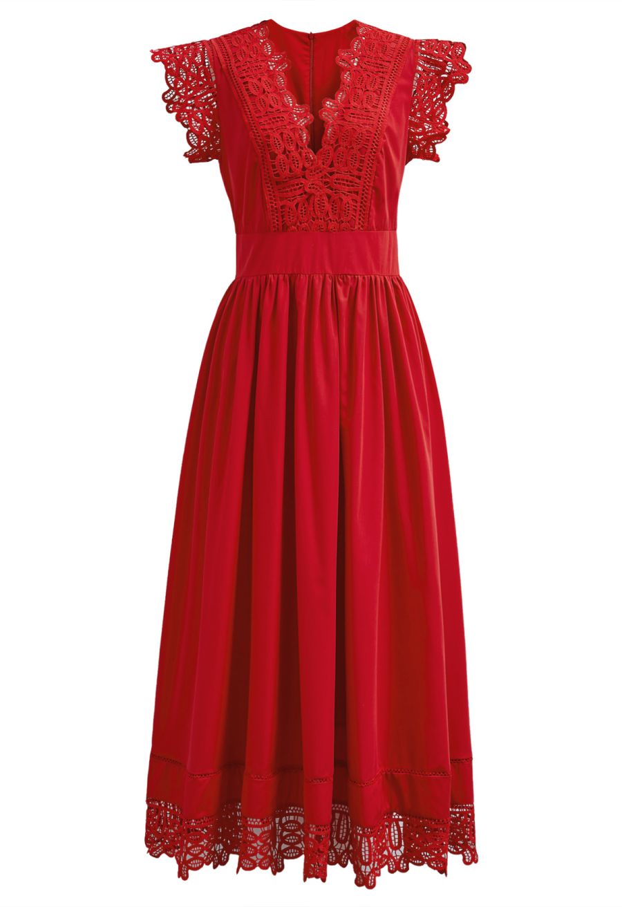 V-Neck Lace Panelled Sleeveless Maxi Dress in Red