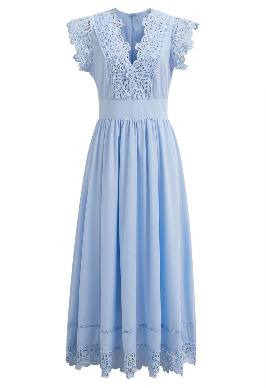 V-Neck Lace Panelled Sleeveless Maxi Dress in Baby Blue