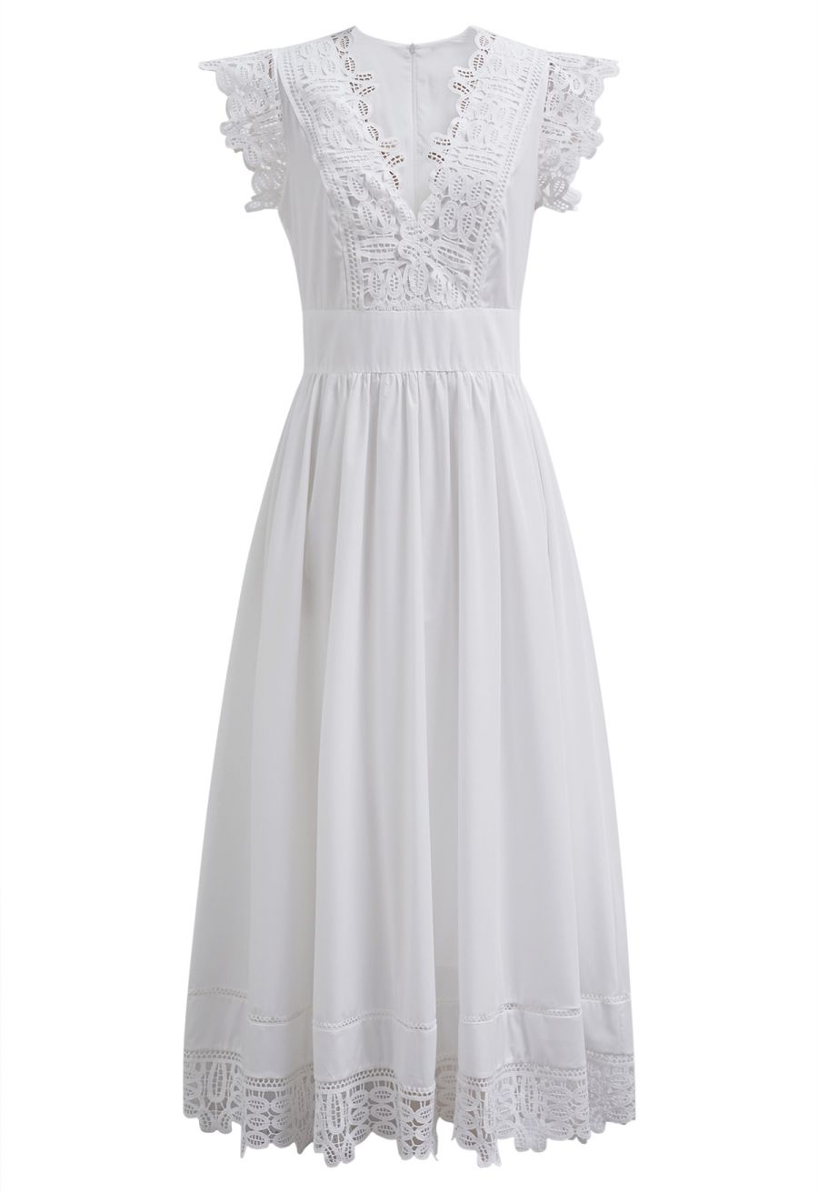V-Neck Lace Panelled Sleeveless Maxi Dress in White