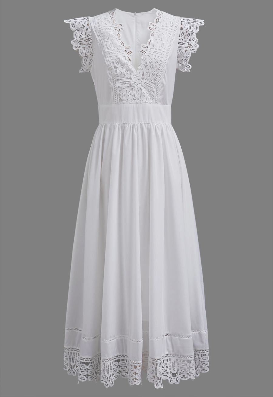 V-Neck Lace Panelled Sleeveless Maxi Dress in White