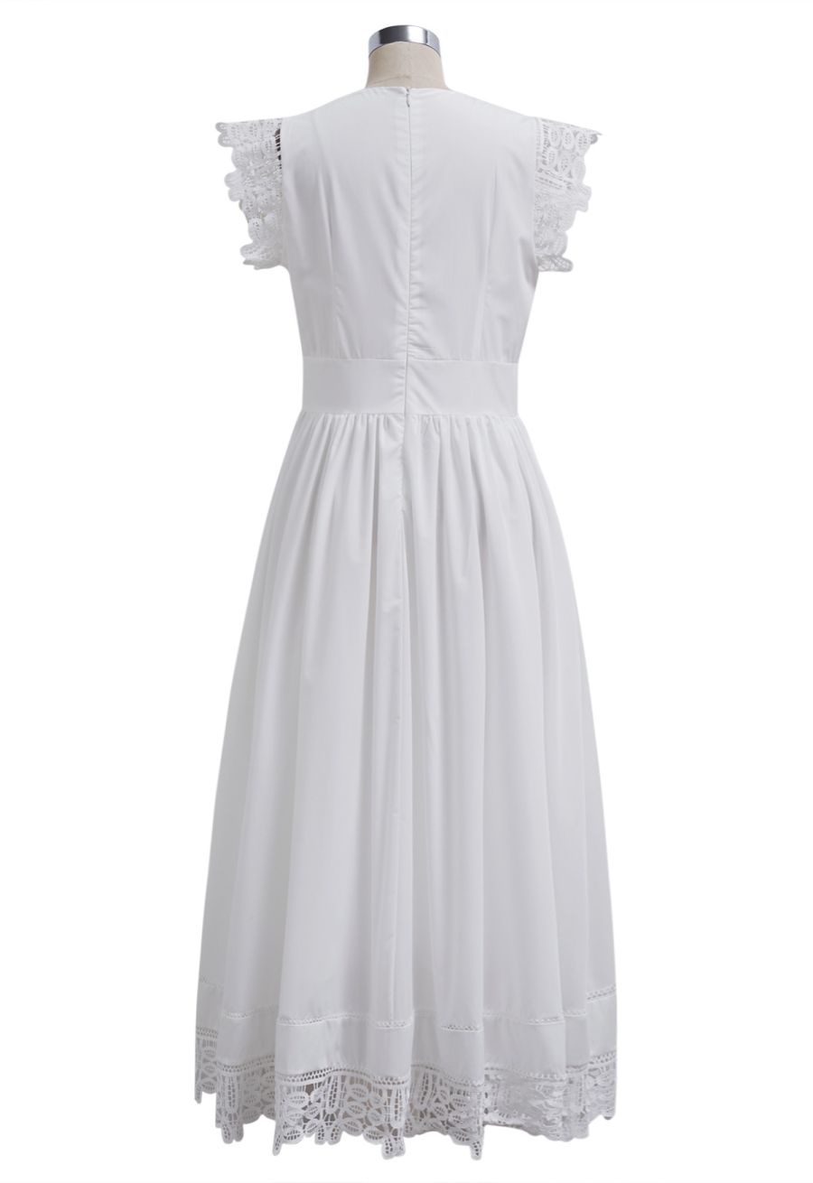 V-Neck Lace Panelled Sleeveless Maxi Dress in White