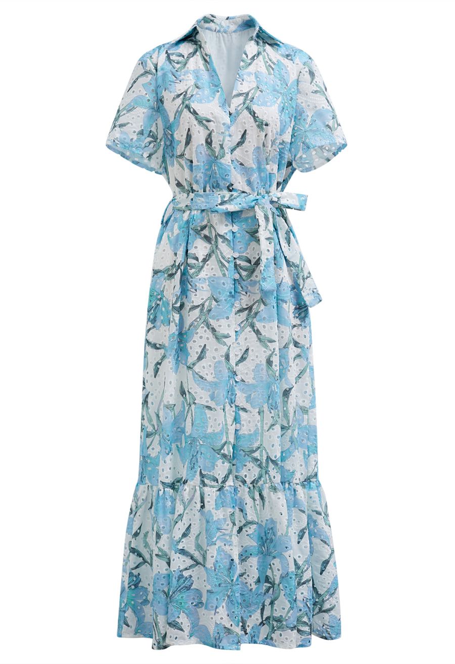 Blue Lily Printed Embroidered Eyelet Frilling Dress