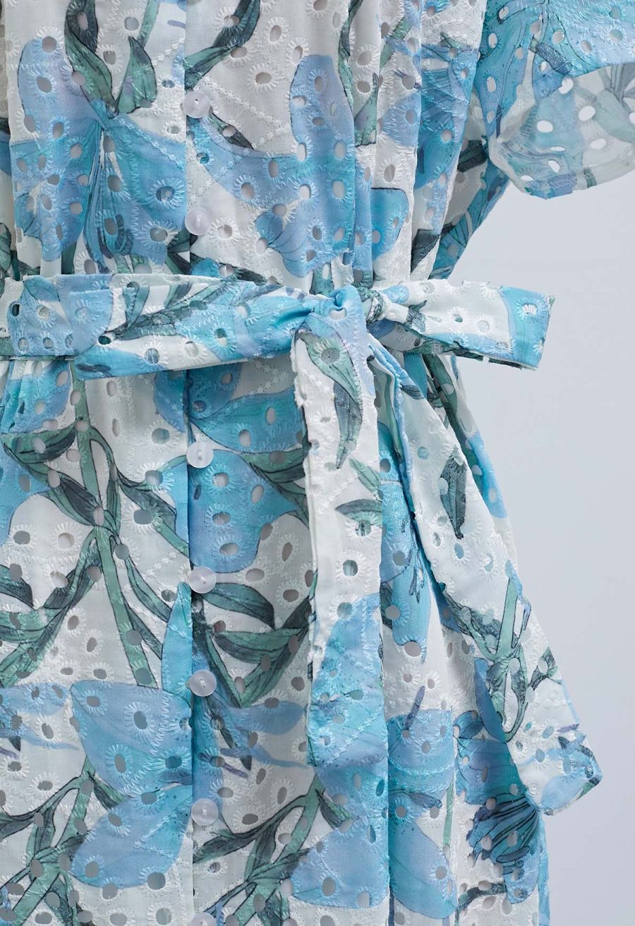 Blue Lily Printed Embroidered Eyelet Frilling Dress