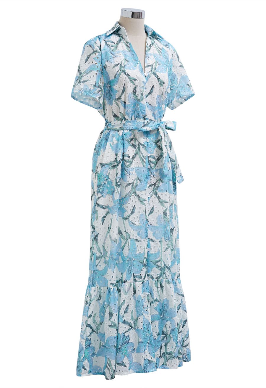 Blue Lily Printed Embroidered Eyelet Frilling Dress