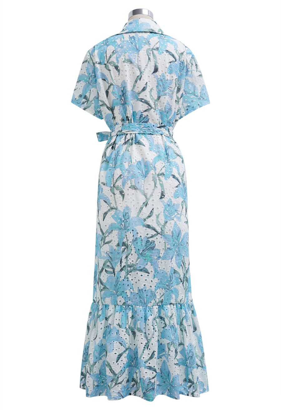 Blue Lily Printed Embroidered Eyelet Frilling Dress