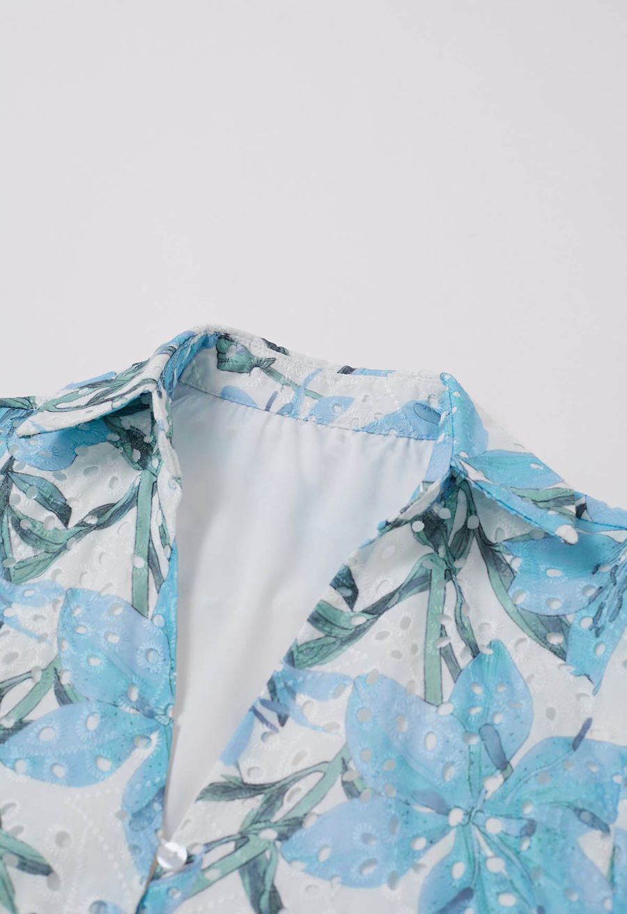 Blue Lily Printed Embroidered Eyelet Frilling Dress