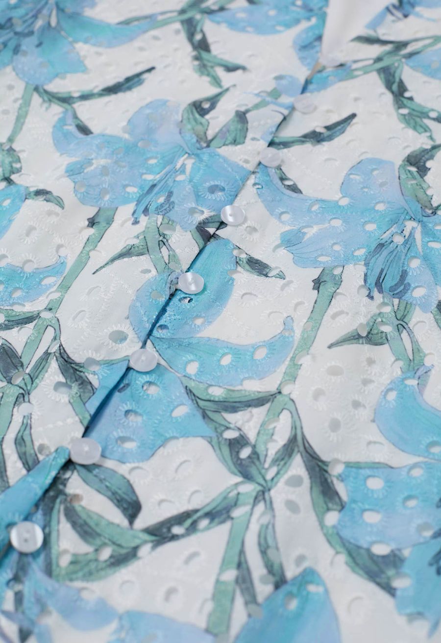 Blue Lily Printed Embroidered Eyelet Frilling Dress