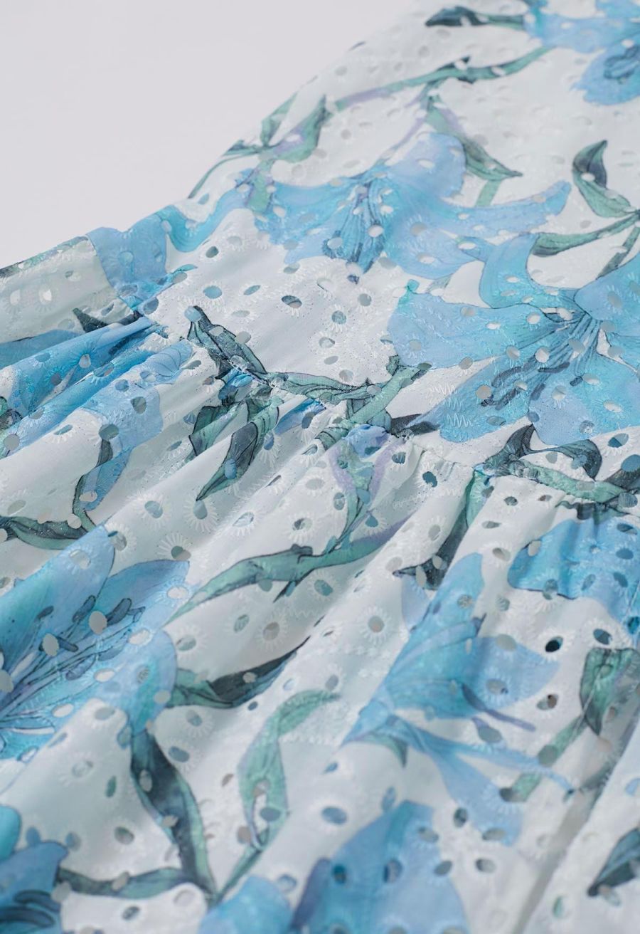 Blue Lily Printed Embroidered Eyelet Frilling Dress
