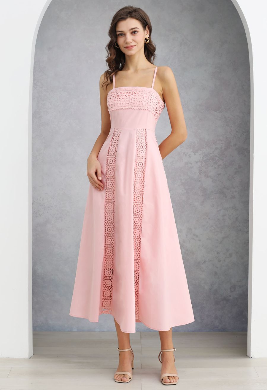Sunflower Cutwork Lace Cami Maxi Dress in Light Pink