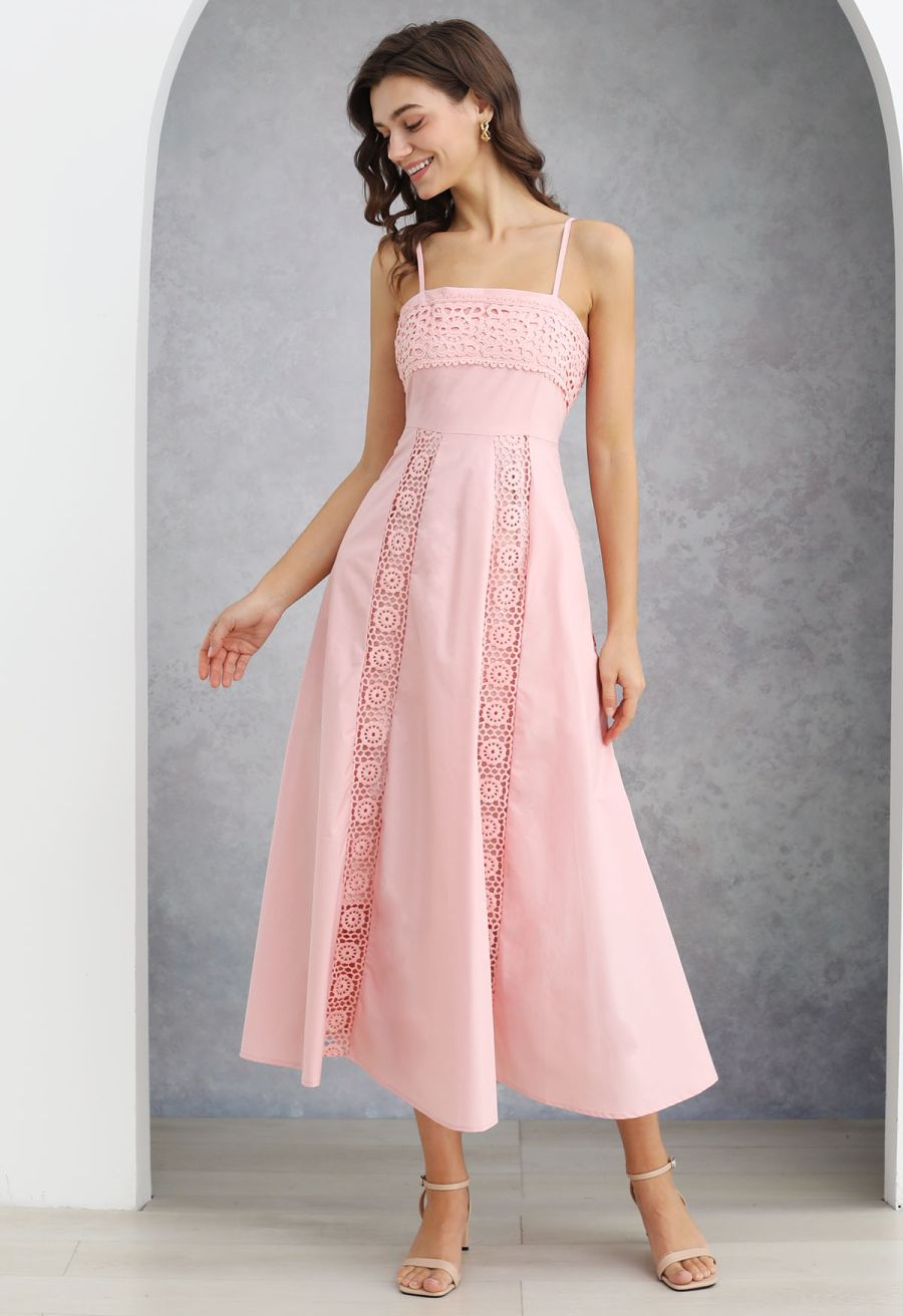 Sunflower Cutwork Lace Cami Maxi Dress in Light Pink