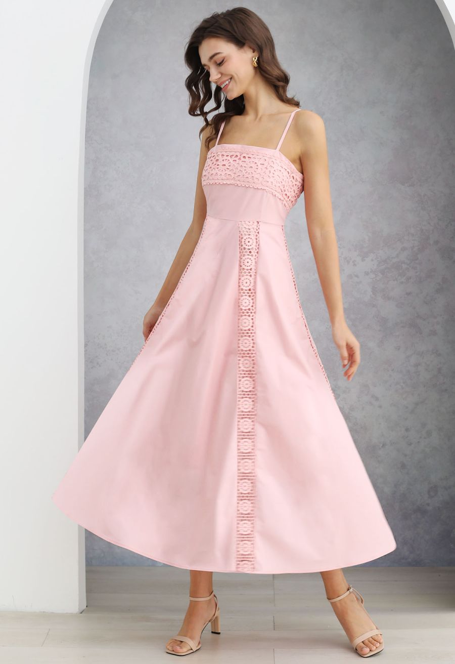 Sunflower Cutwork Lace Cami Maxi Dress in Light Pink