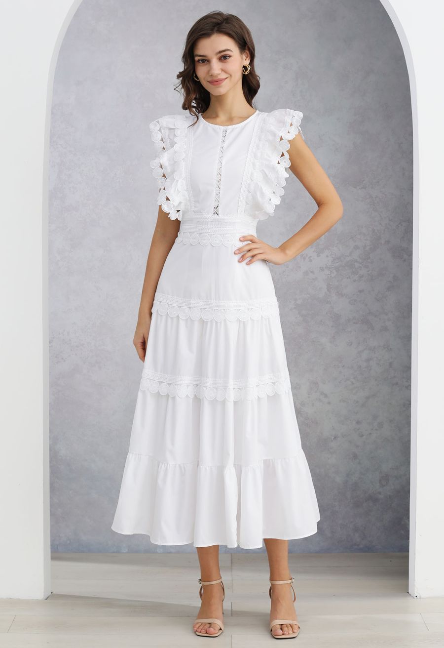 Crochet Trim Sleeveless Midi Dress in White