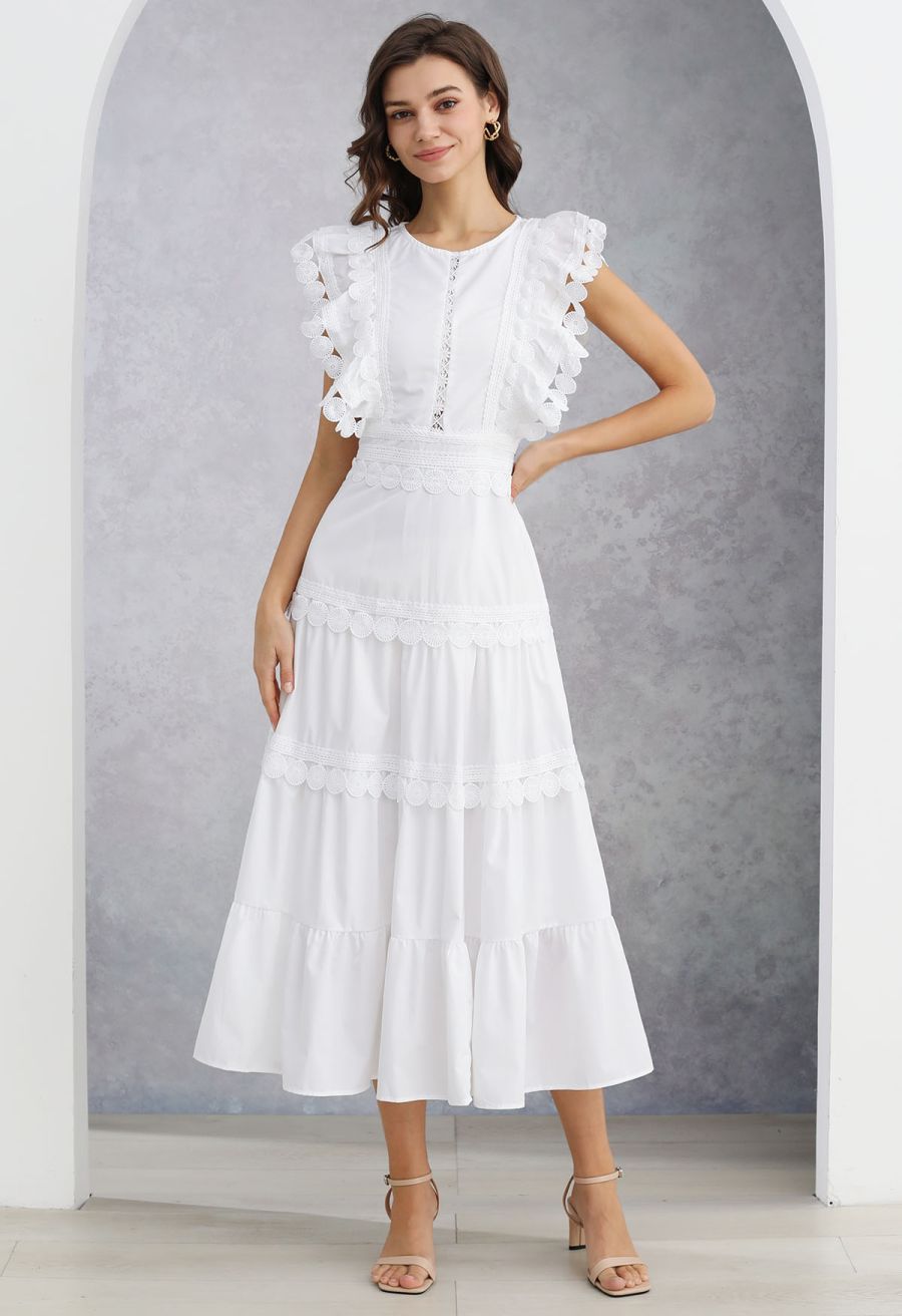 Crochet Trim Sleeveless Midi Dress in White