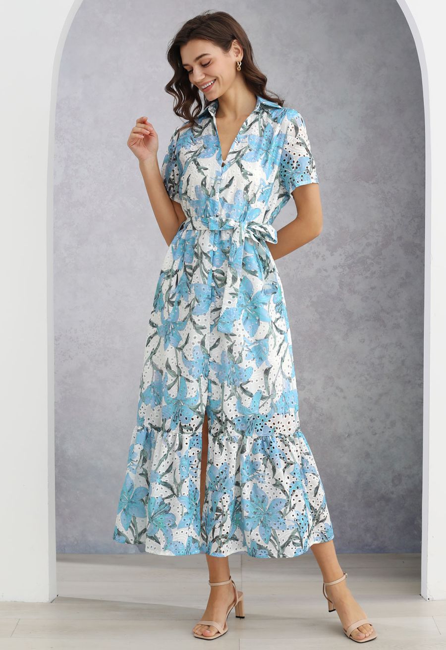 Blue Lily Printed Embroidered Eyelet Frilling Dress