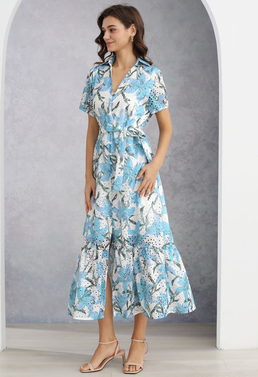 Blue Lily Printed Embroidered Eyelet Frilling Dress