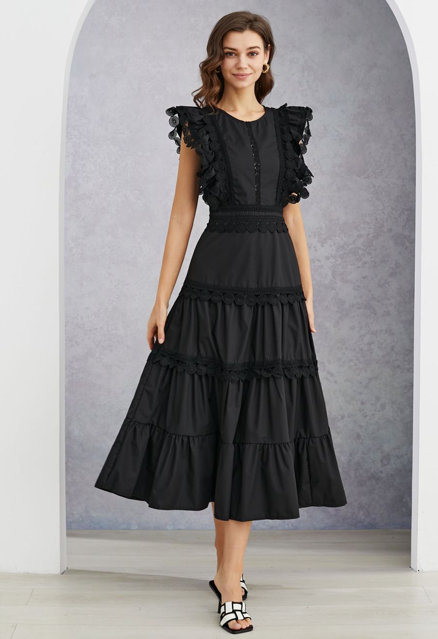 Crochet Trim Sleeveless Midi Dress in Black