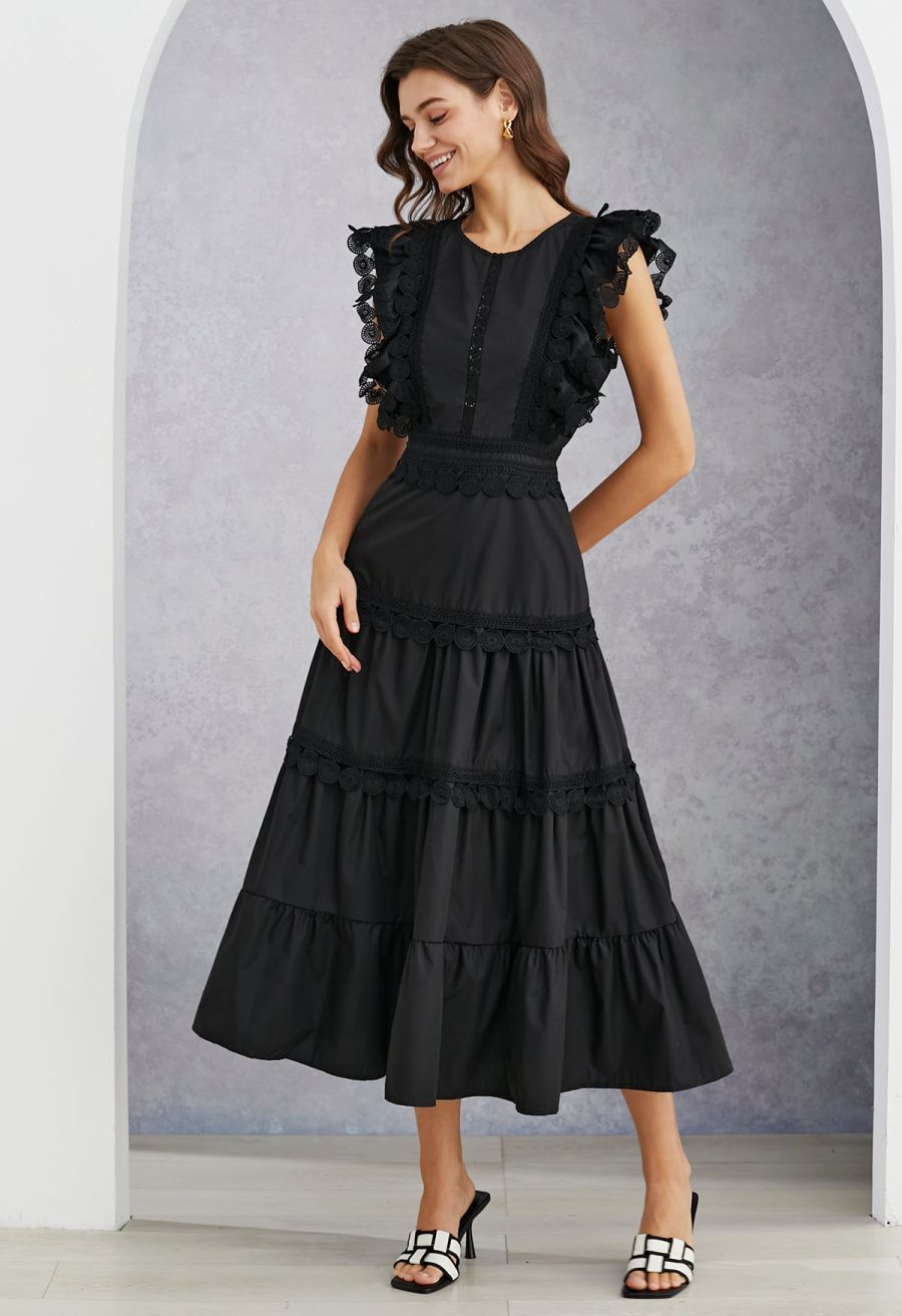 Crochet Trim Sleeveless Midi Dress in Black