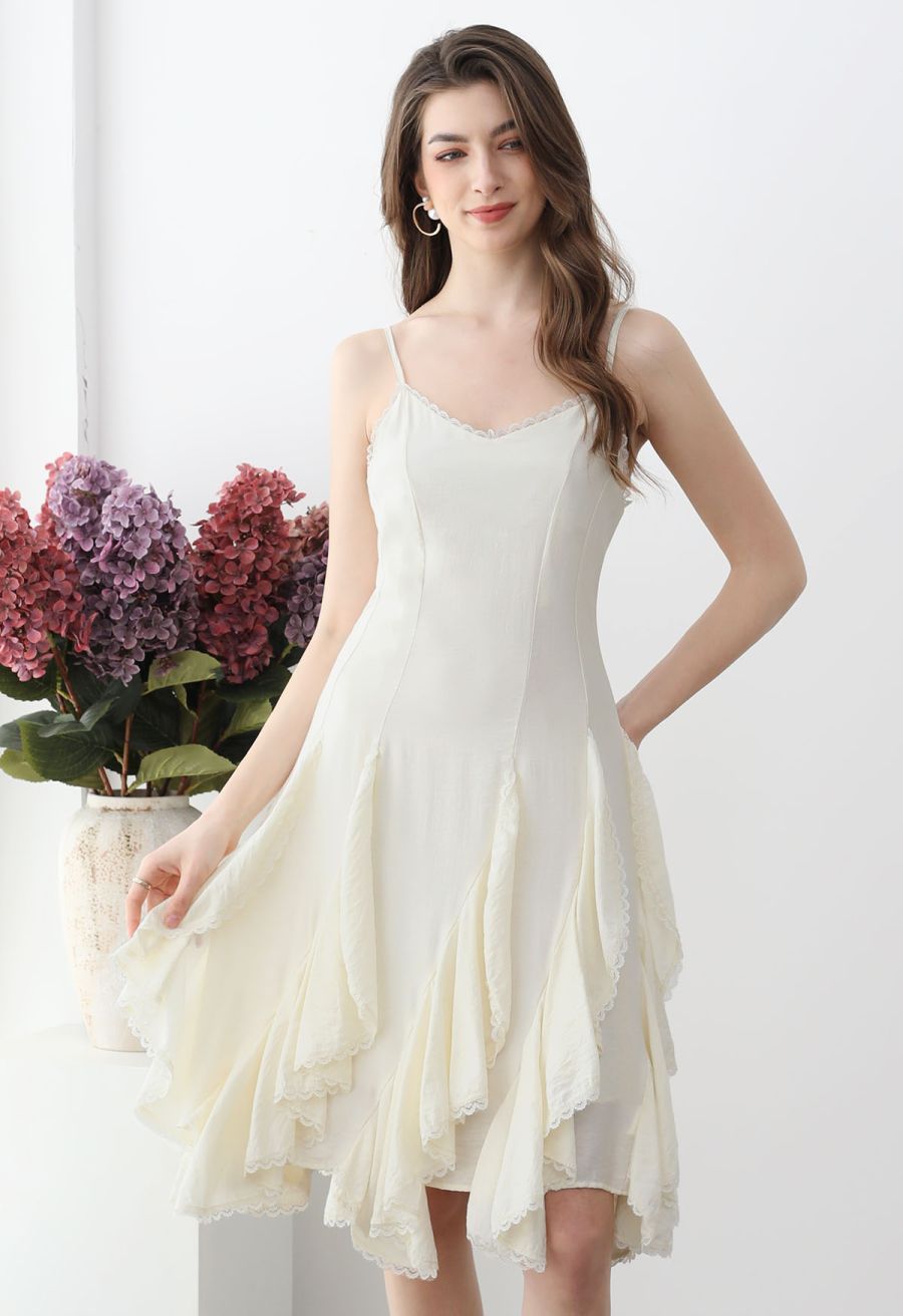 Lace Ruffle Panelled Asymmetric Cami Dress in Cream