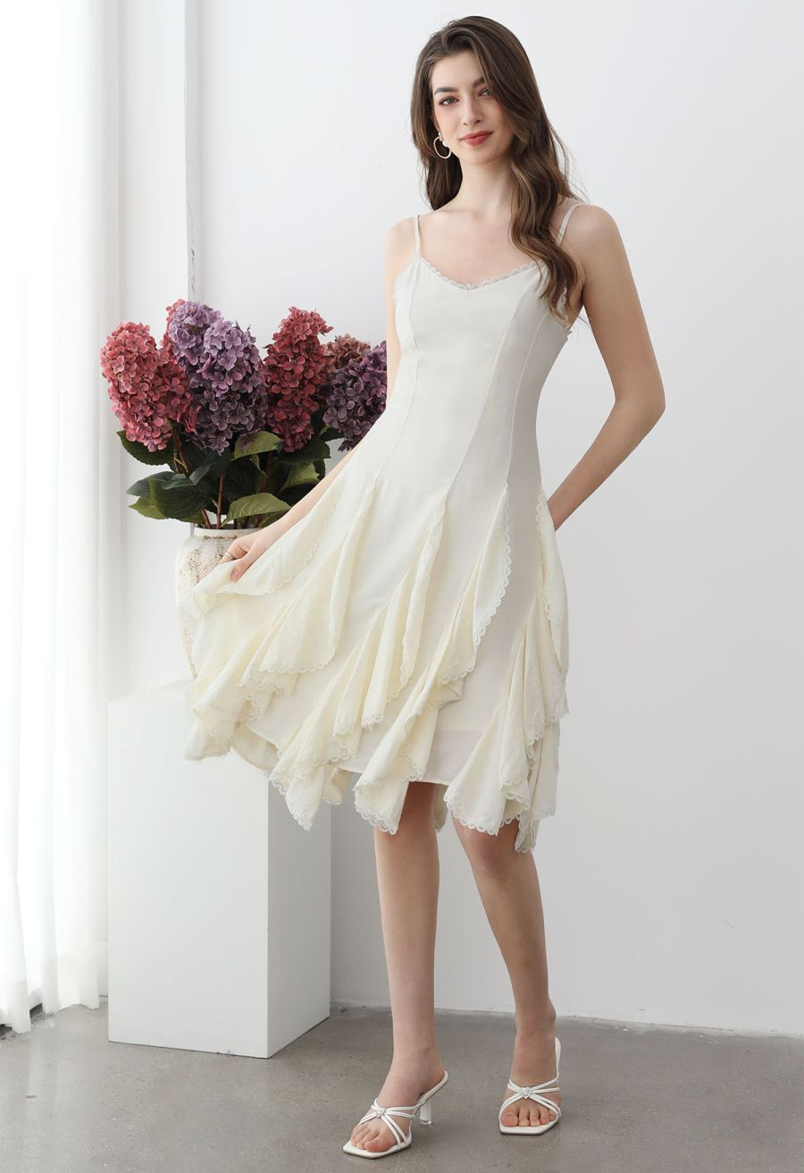 Lace Ruffle Panelled Asymmetric Cami Dress in Cream