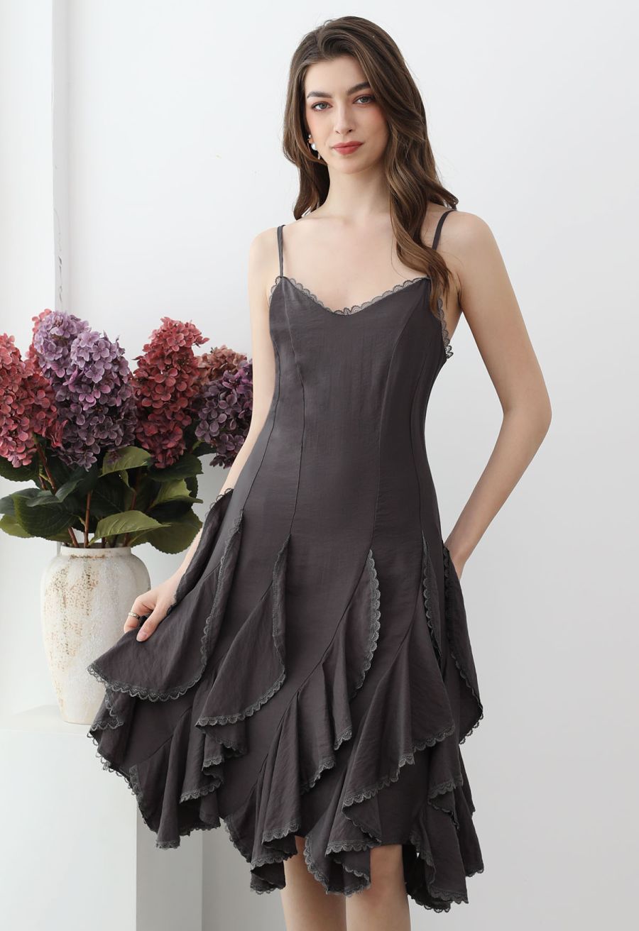 Lace Ruffle Panelled Asymmetric Cami Dress in Smoke