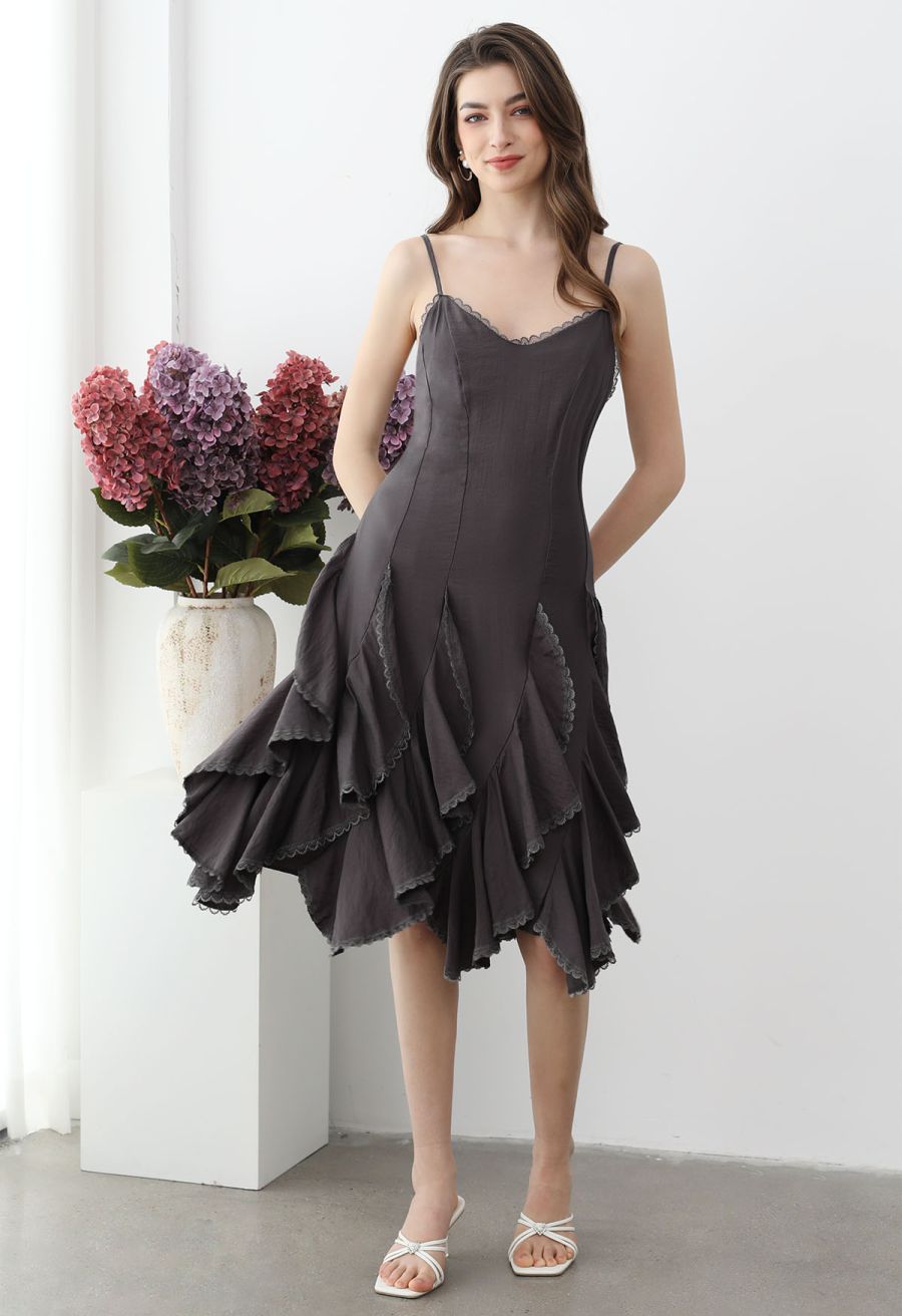 Lace Ruffle Panelled Asymmetric Cami Dress in Smoke