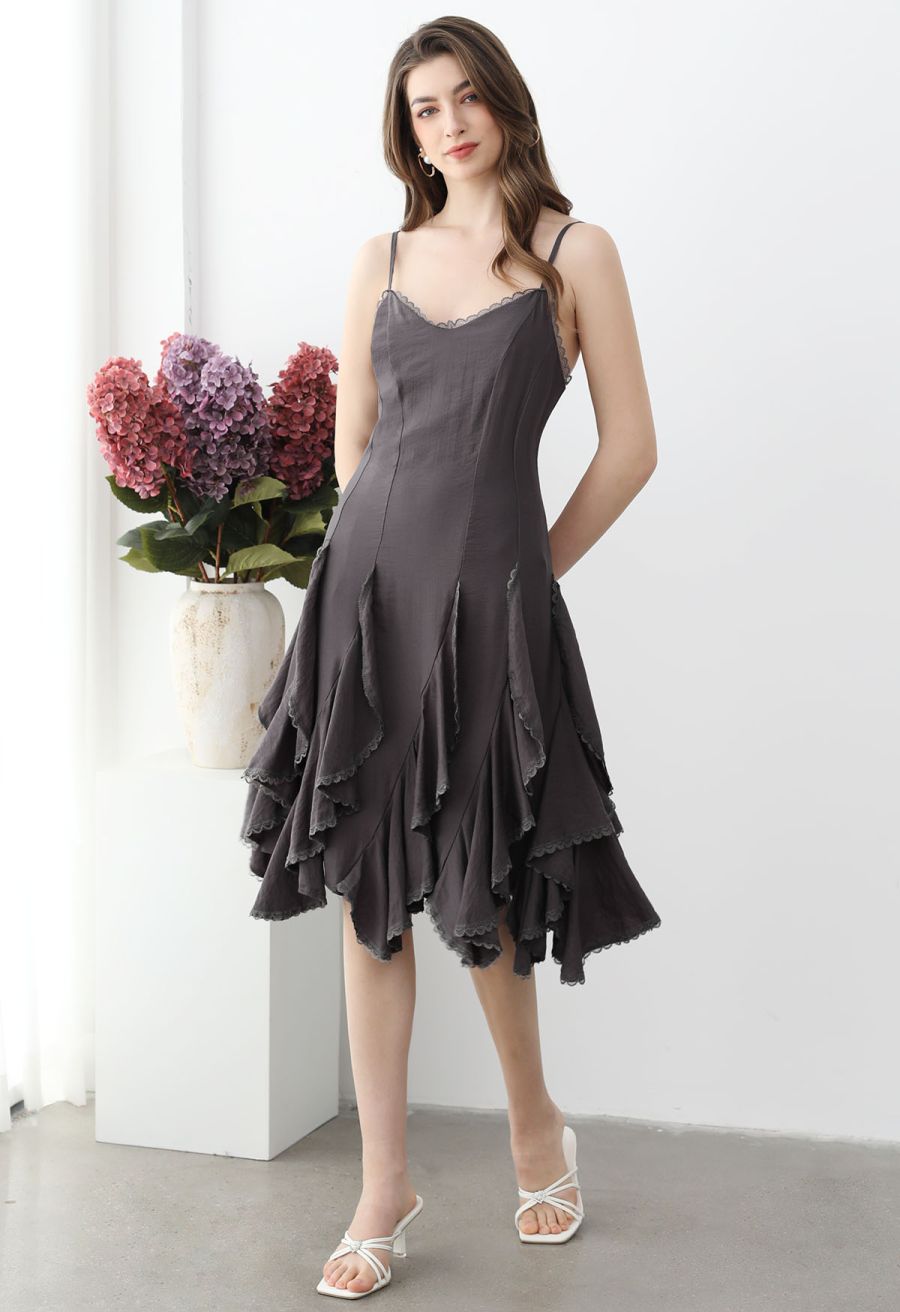 Lace Ruffle Panelled Asymmetric Cami Dress in Smoke