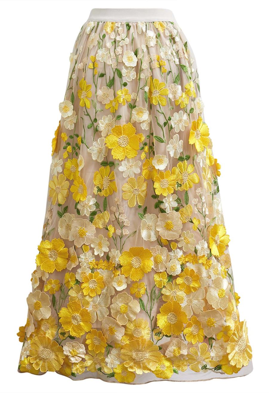 3D Floral Applique Mesh Tulle Maxi Skirt in Yellow