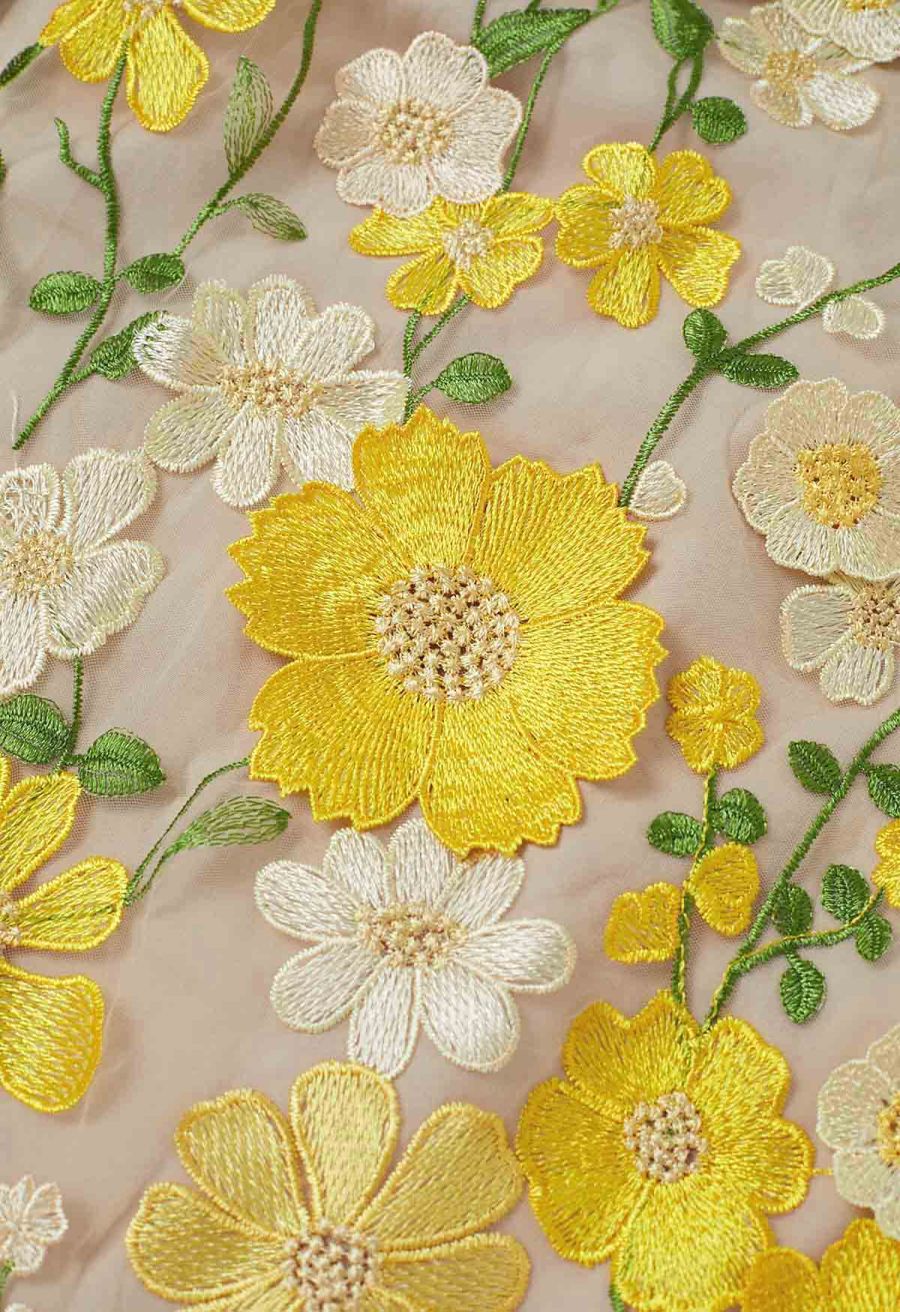 3D Floral Applique Mesh Tulle Maxi Skirt in Yellow