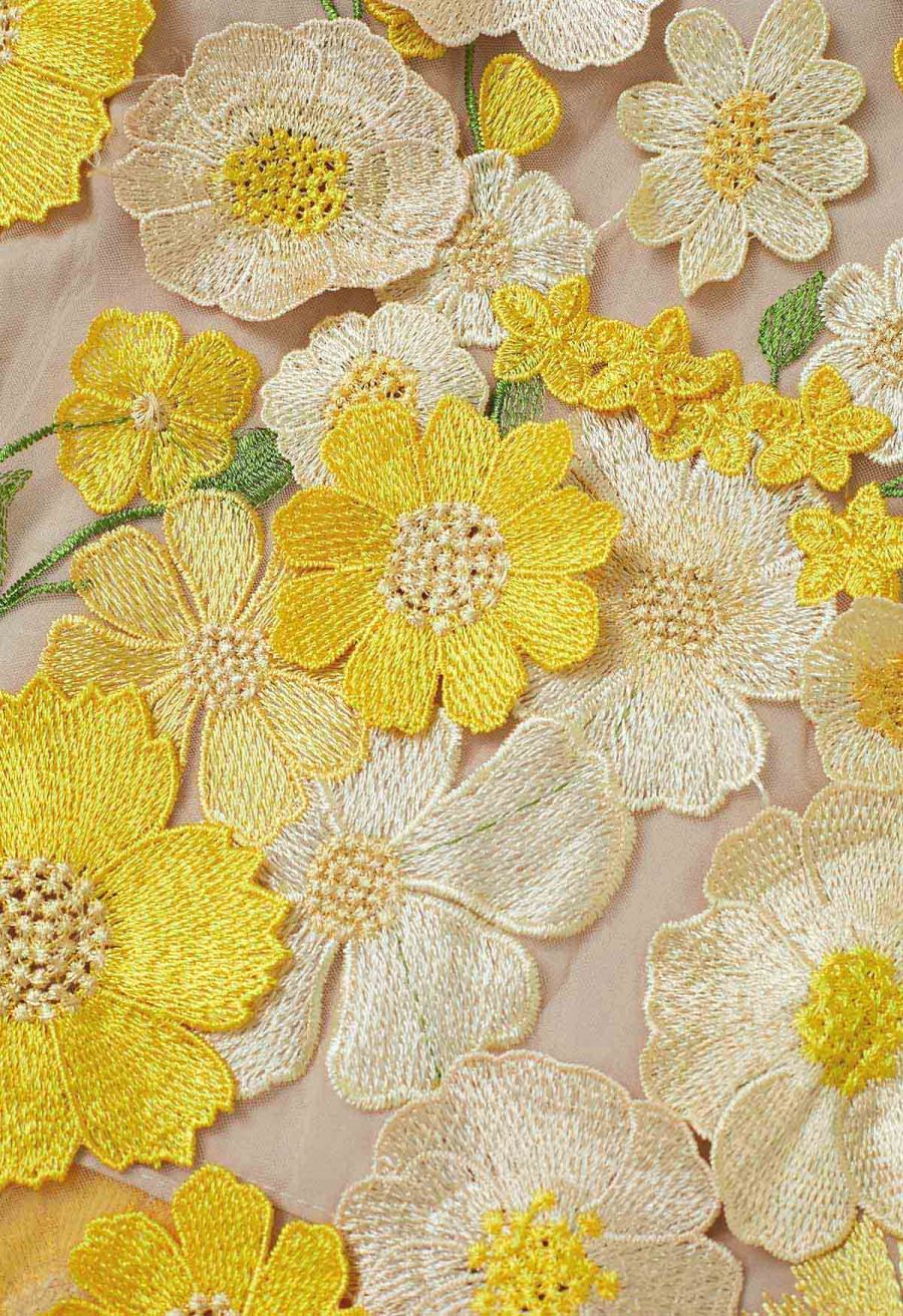 3D Floral Applique Mesh Tulle Maxi Skirt in Yellow