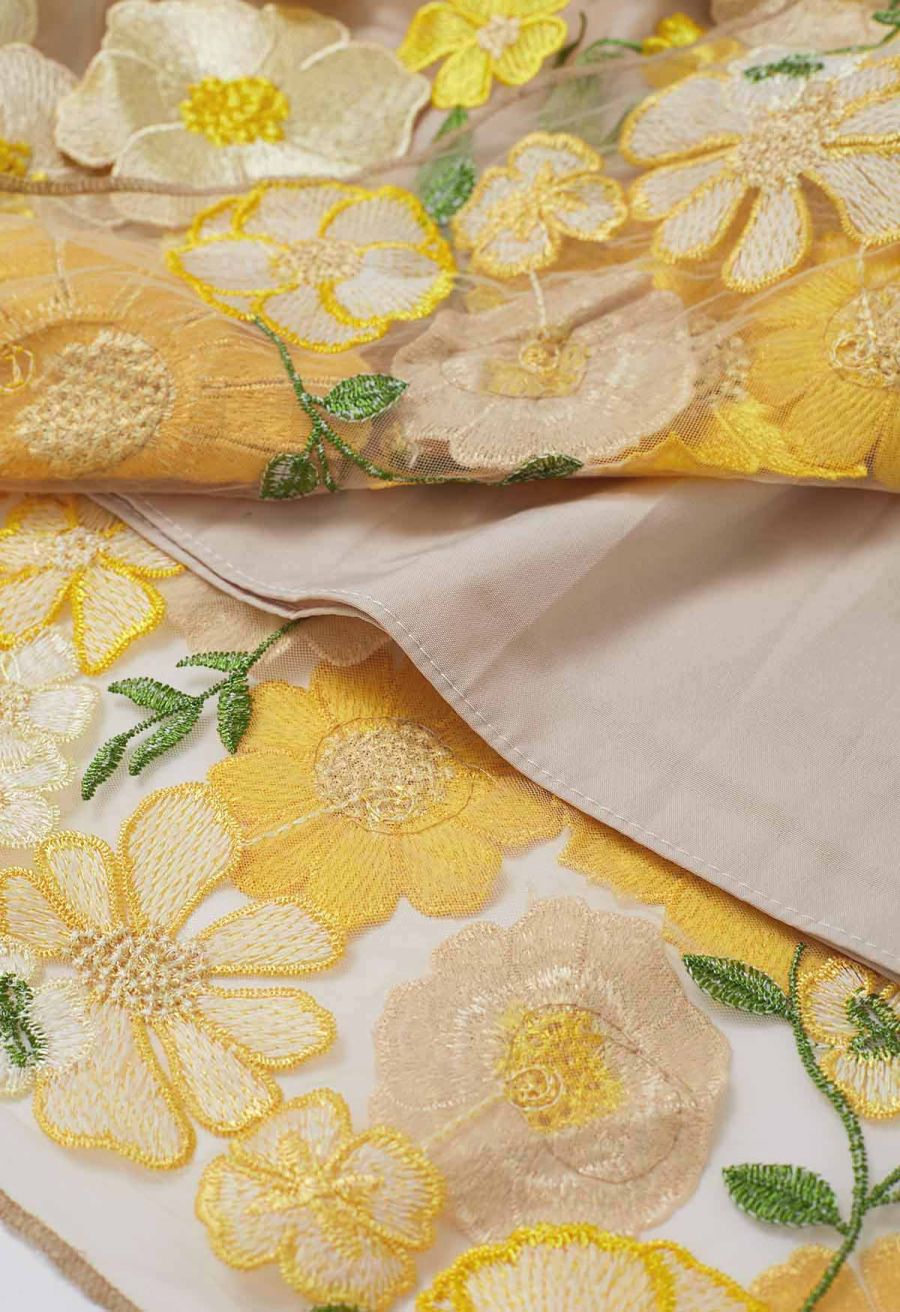 3D Floral Applique Mesh Tulle Maxi Skirt in Yellow