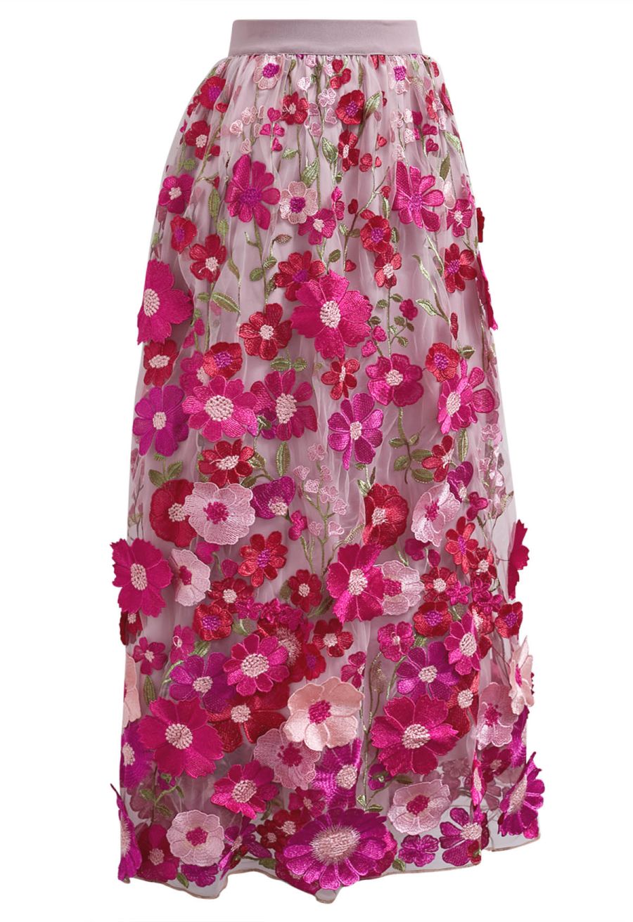 3D Floral Applique Mesh Tulle Maxi Skirt in Magenta