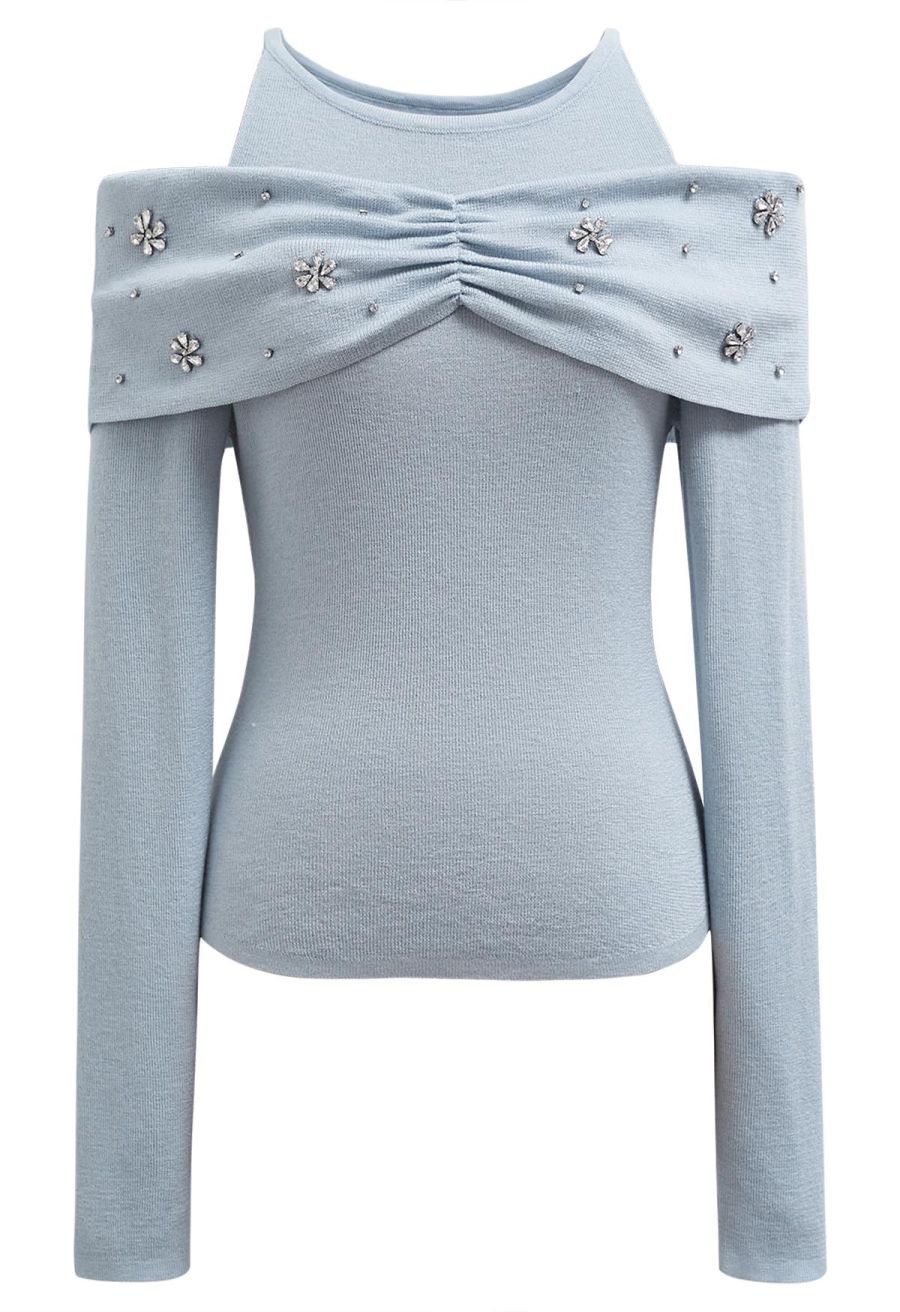 Floral Rhinestones Trim Cold-Shoulder Knit Top in Light Blue
