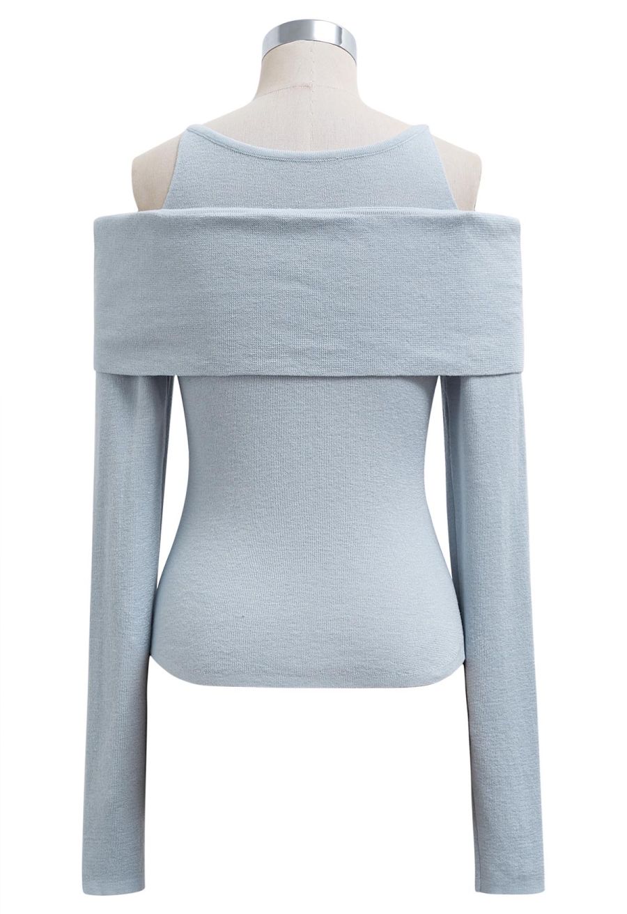 Floral Rhinestones Trim Cold-Shoulder Knit Top in Light Blue