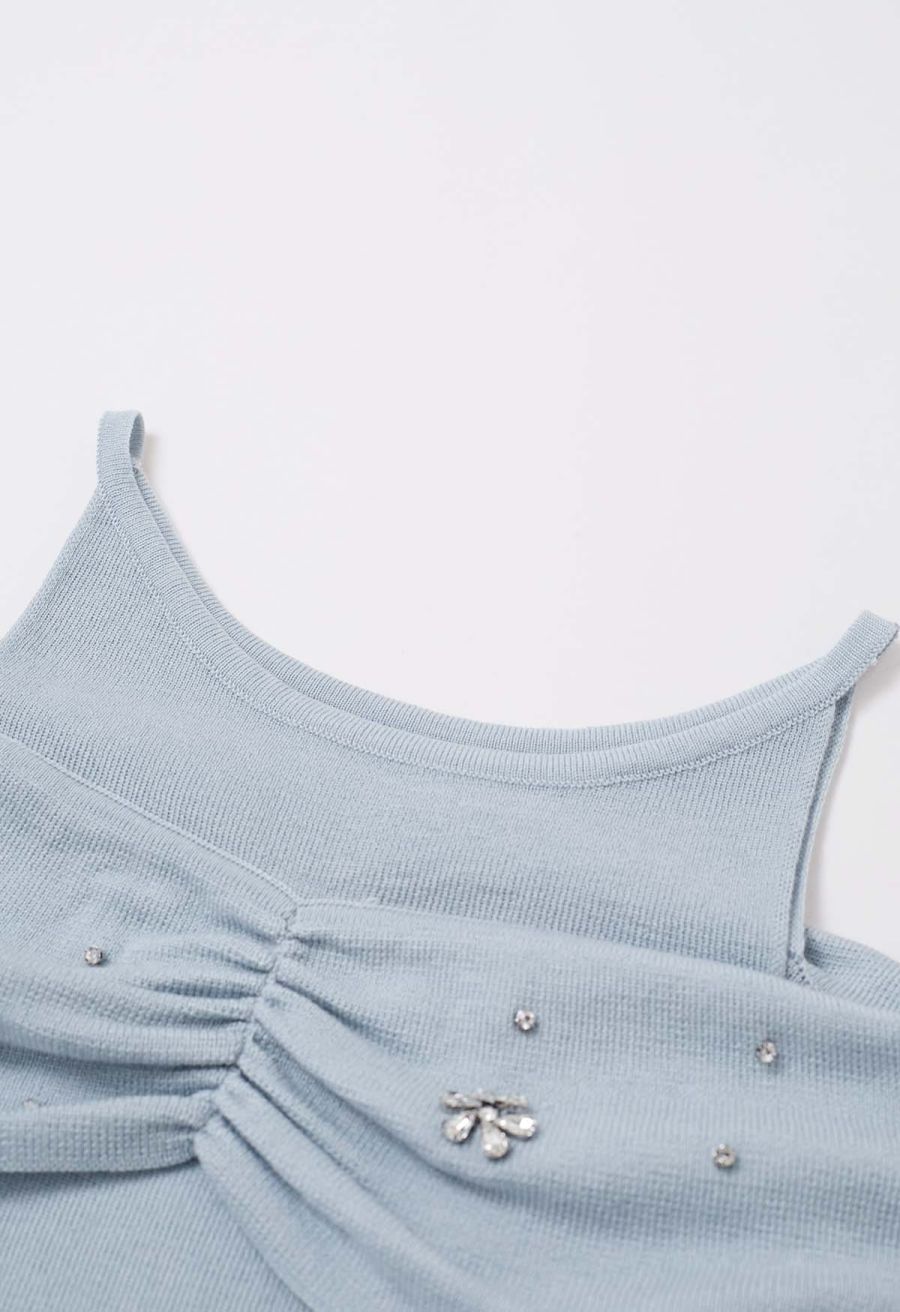 Floral Rhinestones Trim Cold-Shoulder Knit Top in Light Blue