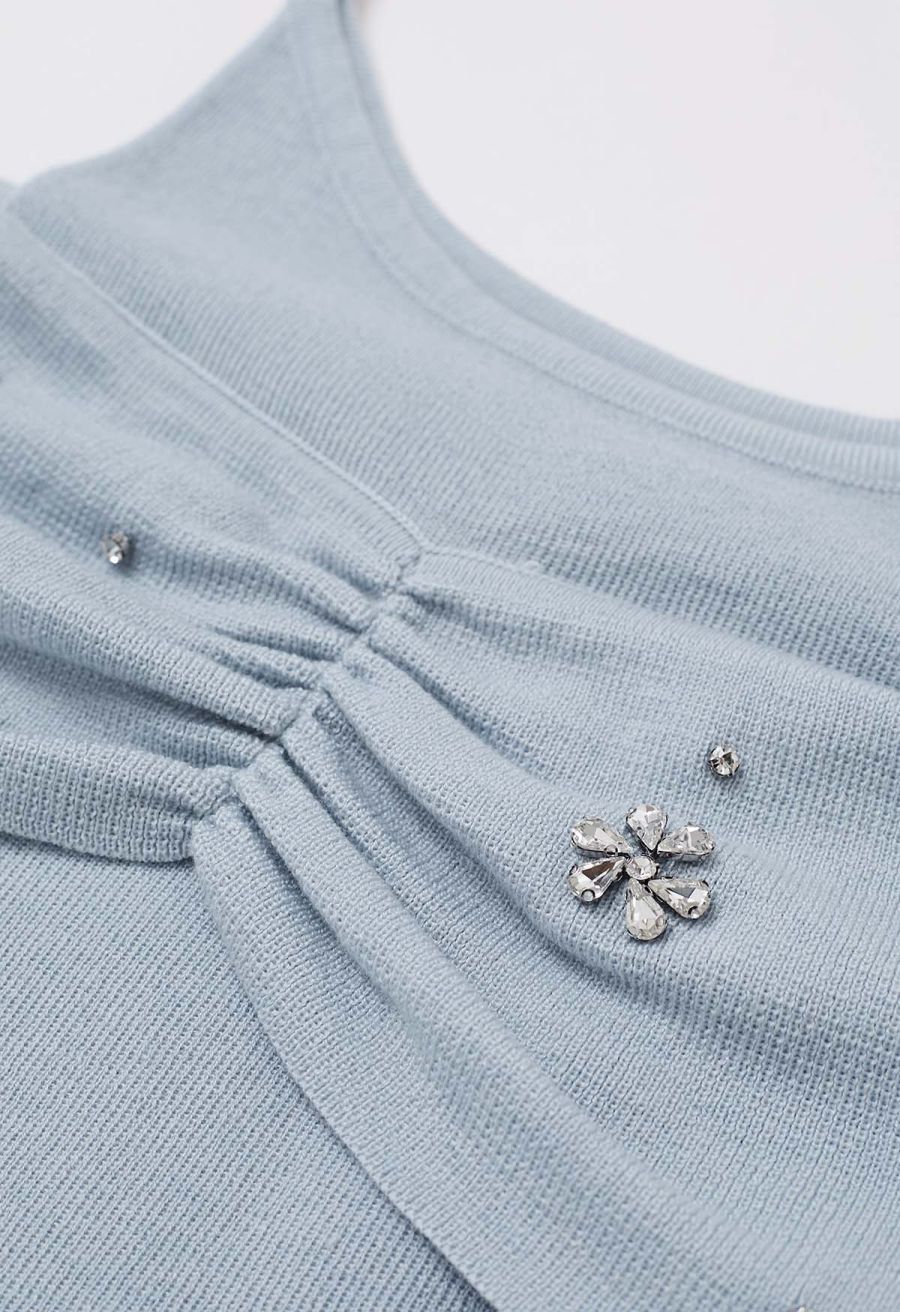 Floral Rhinestones Trim Cold-Shoulder Knit Top in Light Blue