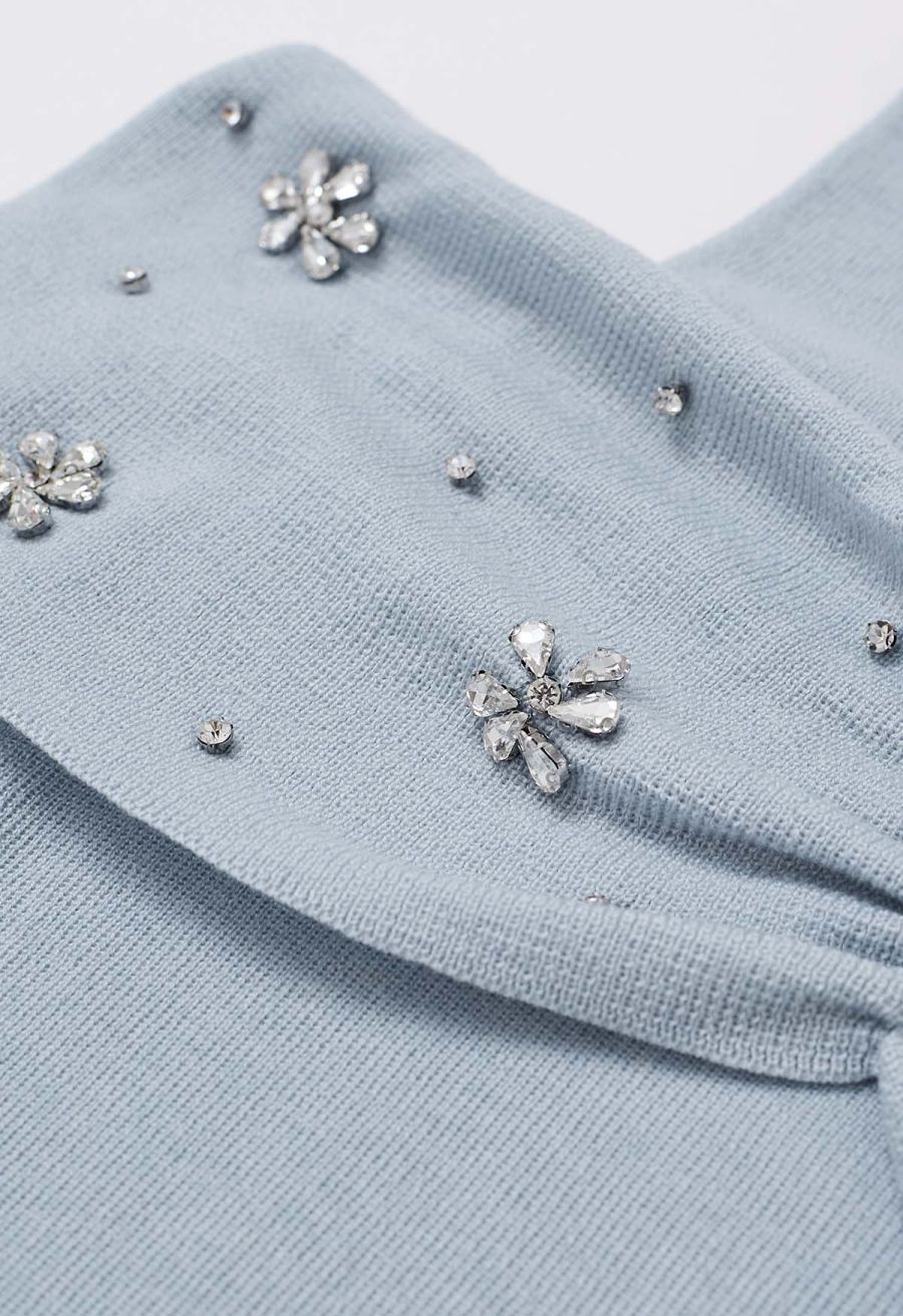 Floral Rhinestones Trim Cold-Shoulder Knit Top in Light Blue