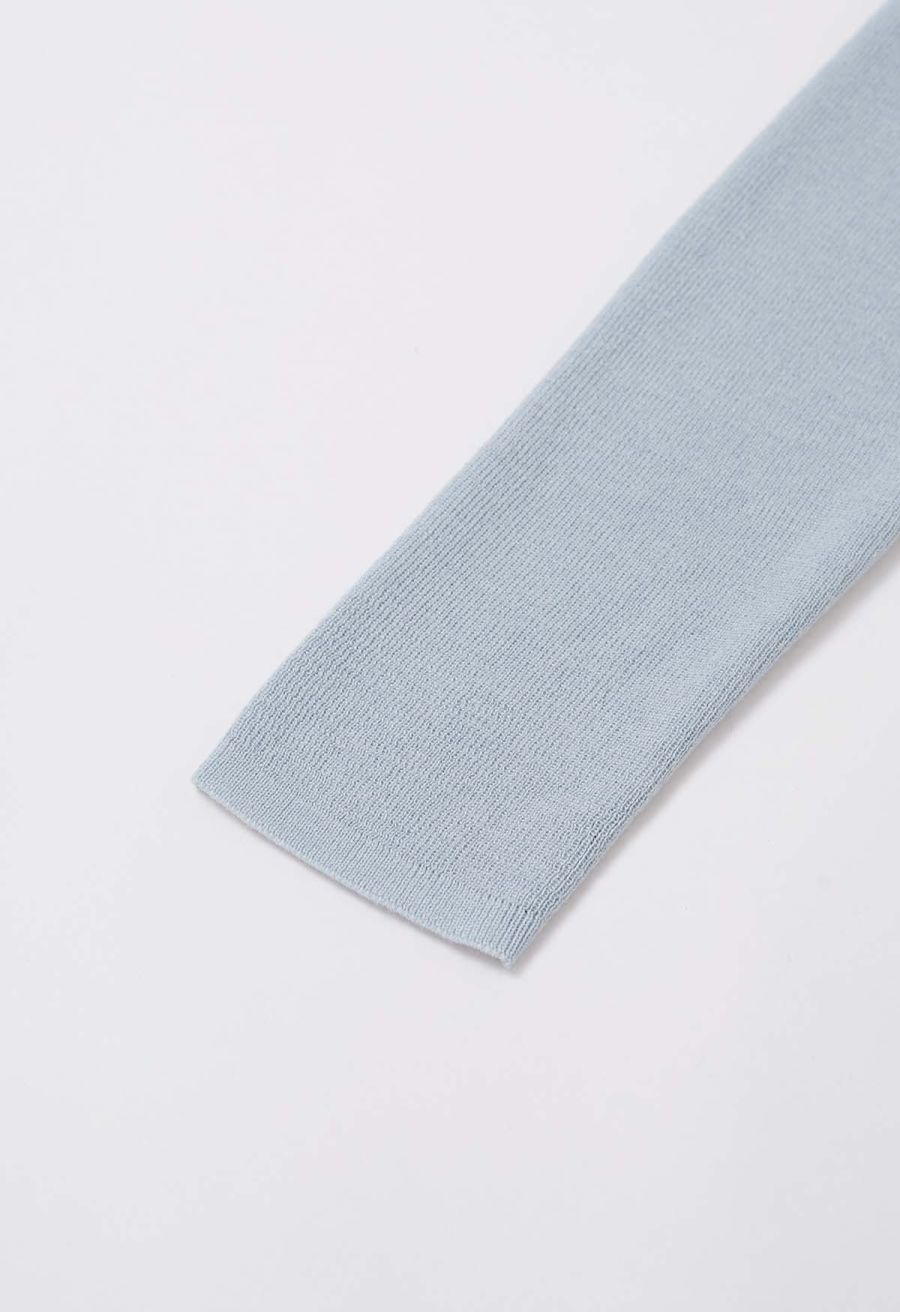 Floral Rhinestones Trim Cold-Shoulder Knit Top in Light Blue