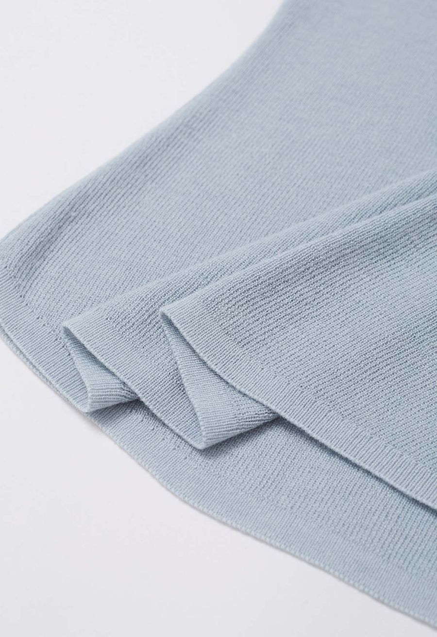 Floral Rhinestones Trim Cold-Shoulder Knit Top in Light Blue